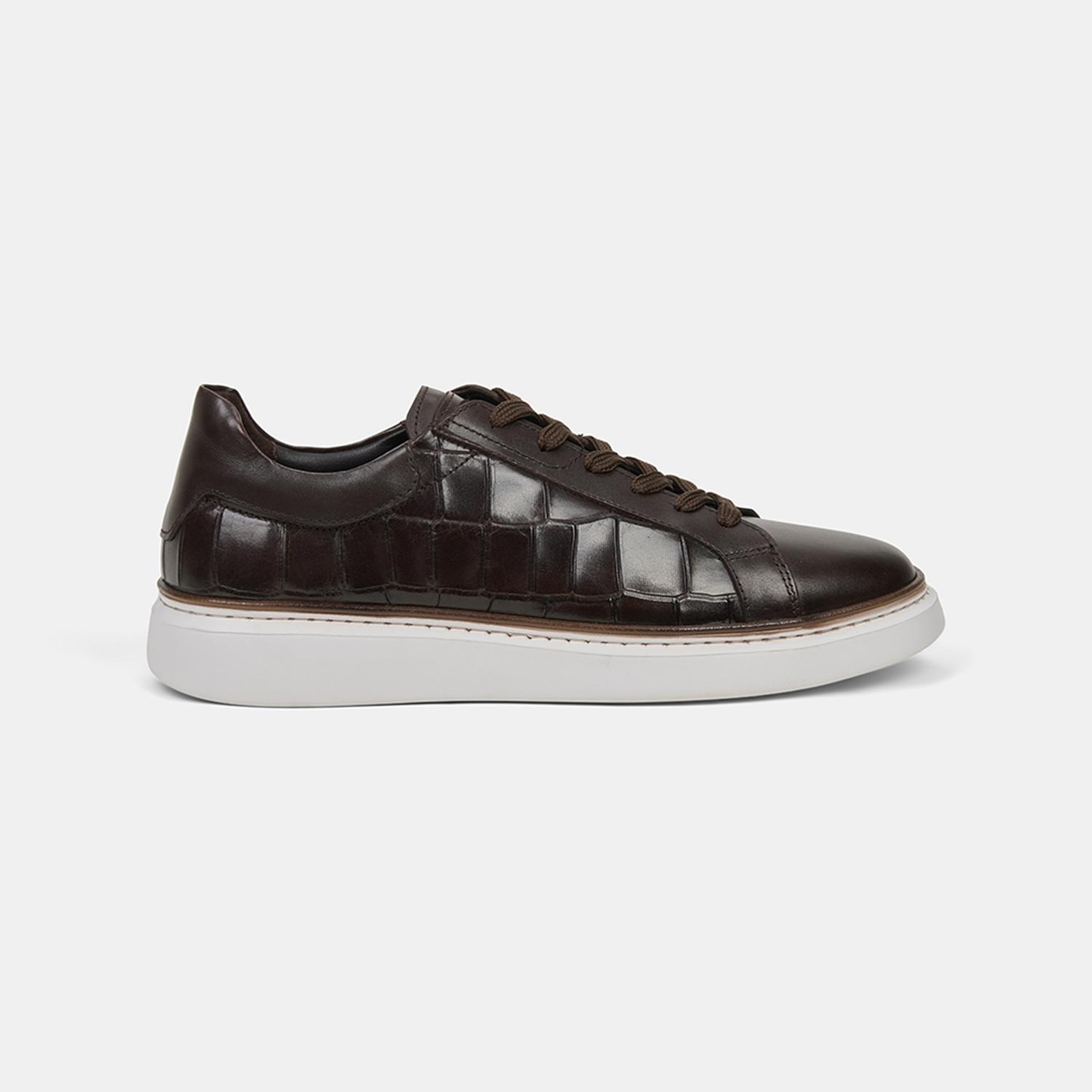 Erkek Kahve Bağcıklı Kroko Baskılı Deri Sneaker