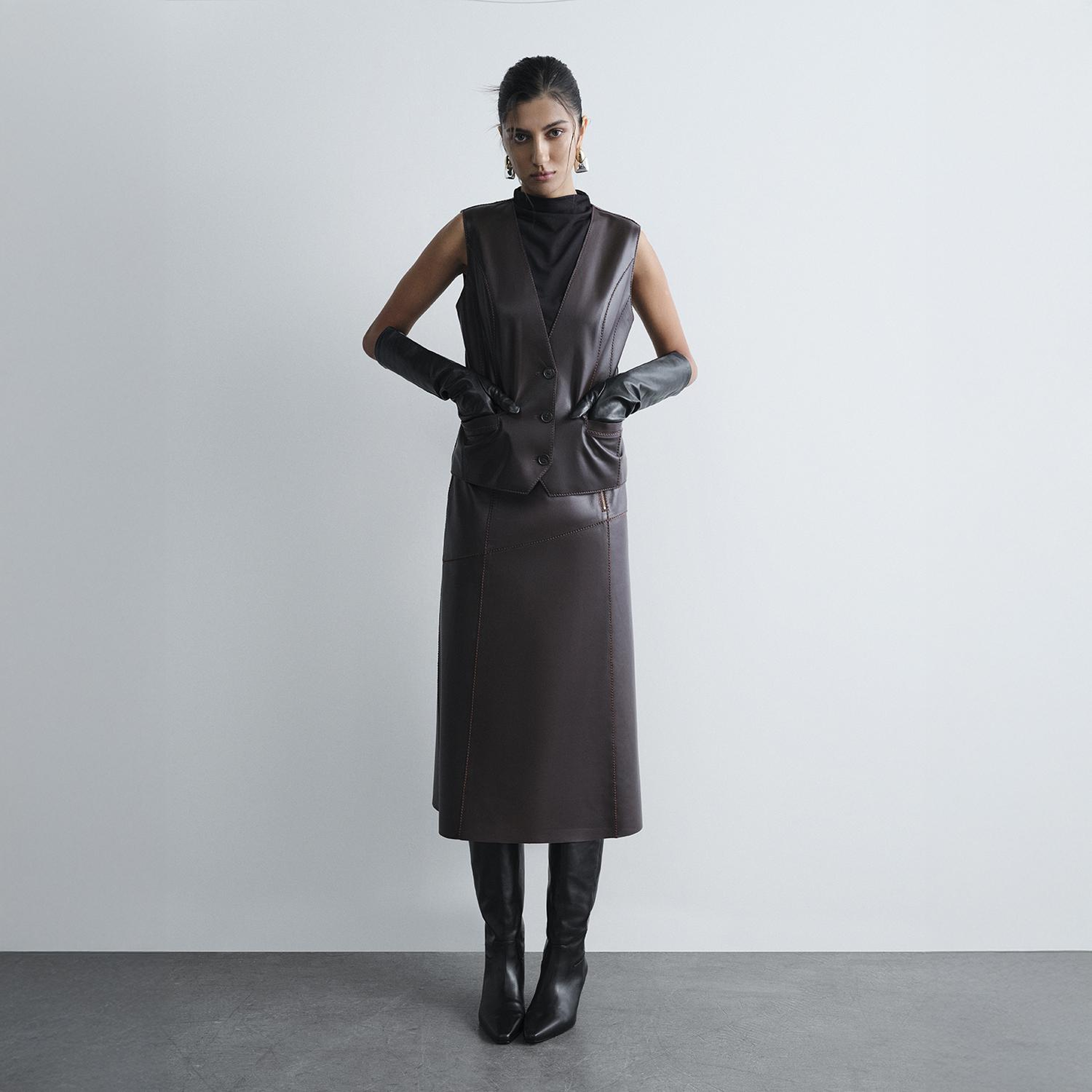 Kadın Koyu Kahve Deri Yelek