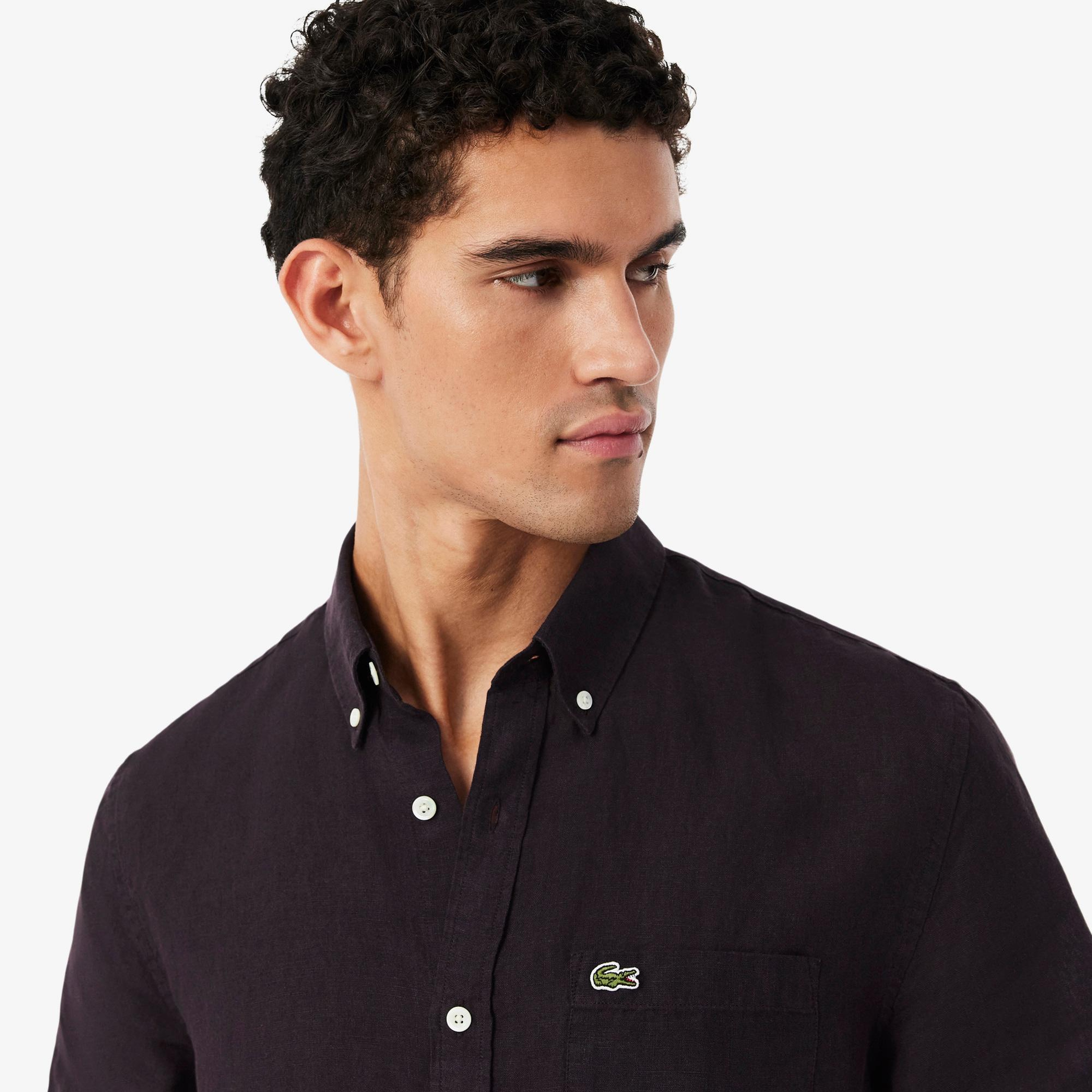 Lacoste Erkek Regular Fit Kısa Kollu Düğmeli Yaka Keten Kahverengi Gömlek