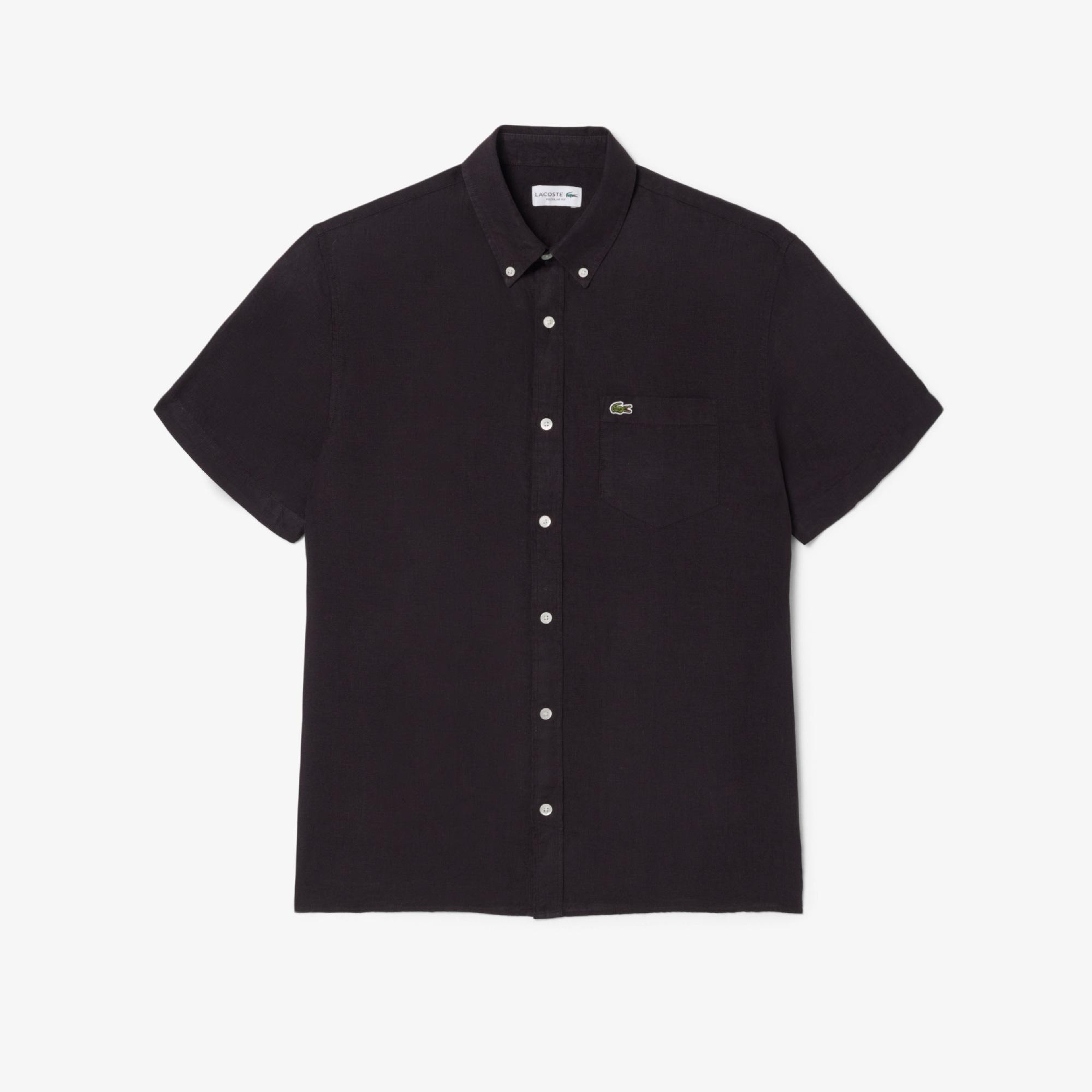 Lacoste Erkek Regular Fit Kısa Kollu Düğmeli Yaka Keten Kahverengi Gömlek