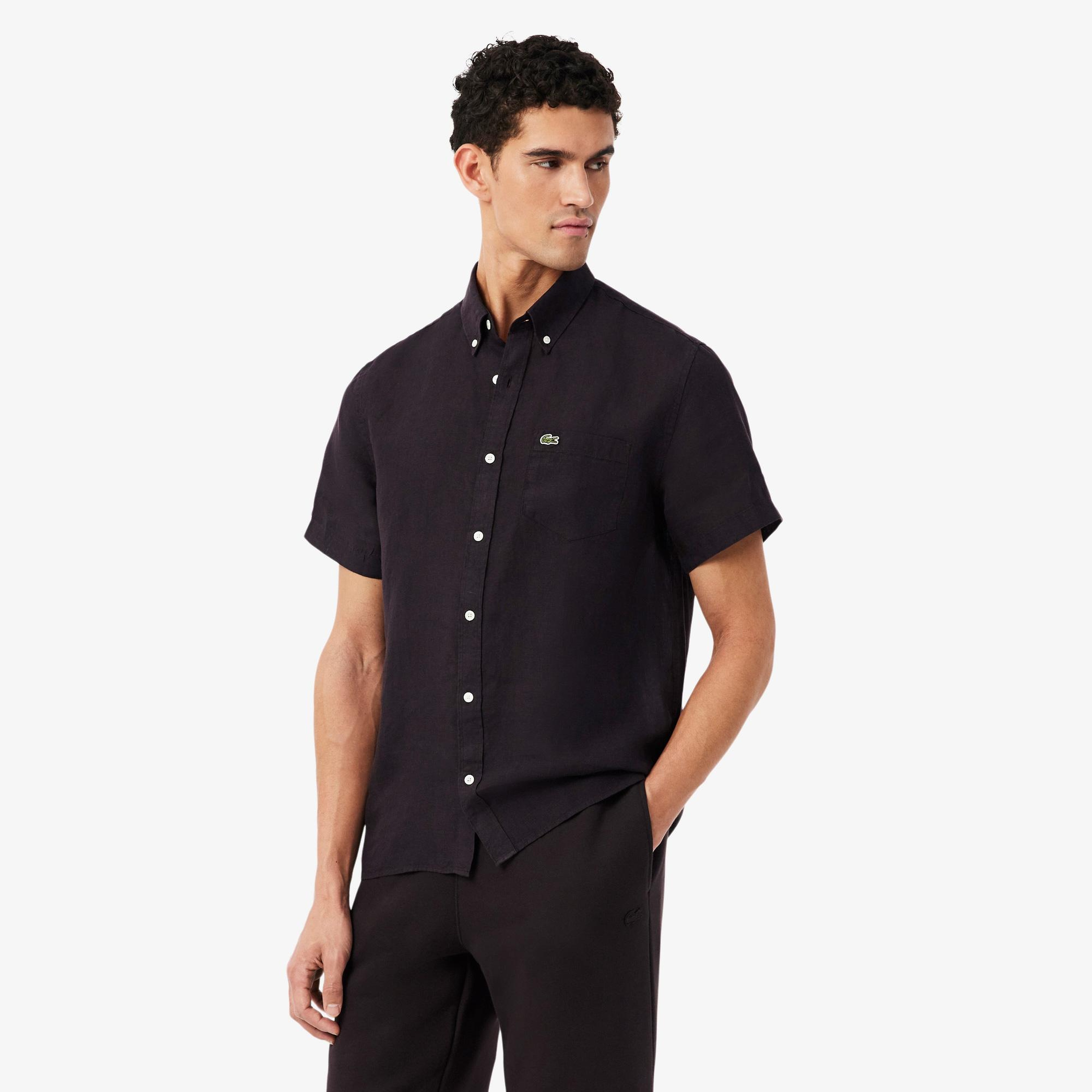 Lacoste Erkek Regular Fit Kısa Kollu Düğmeli Yaka Keten Kahverengi Gömlek