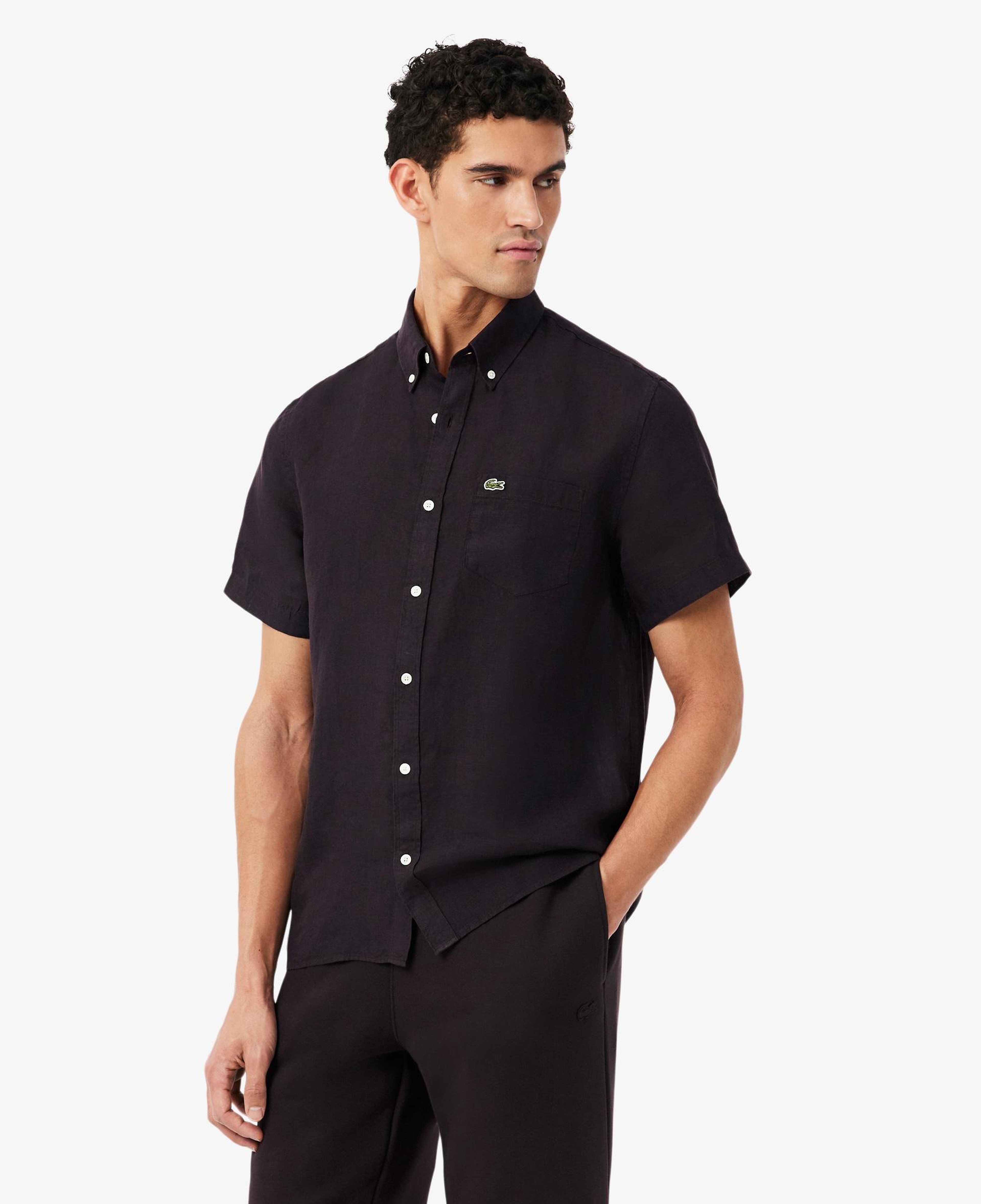 Lacoste Erkek Regular Fit Kısa Kollu Düğmeli Yaka Keten Kahverengi Gömlek