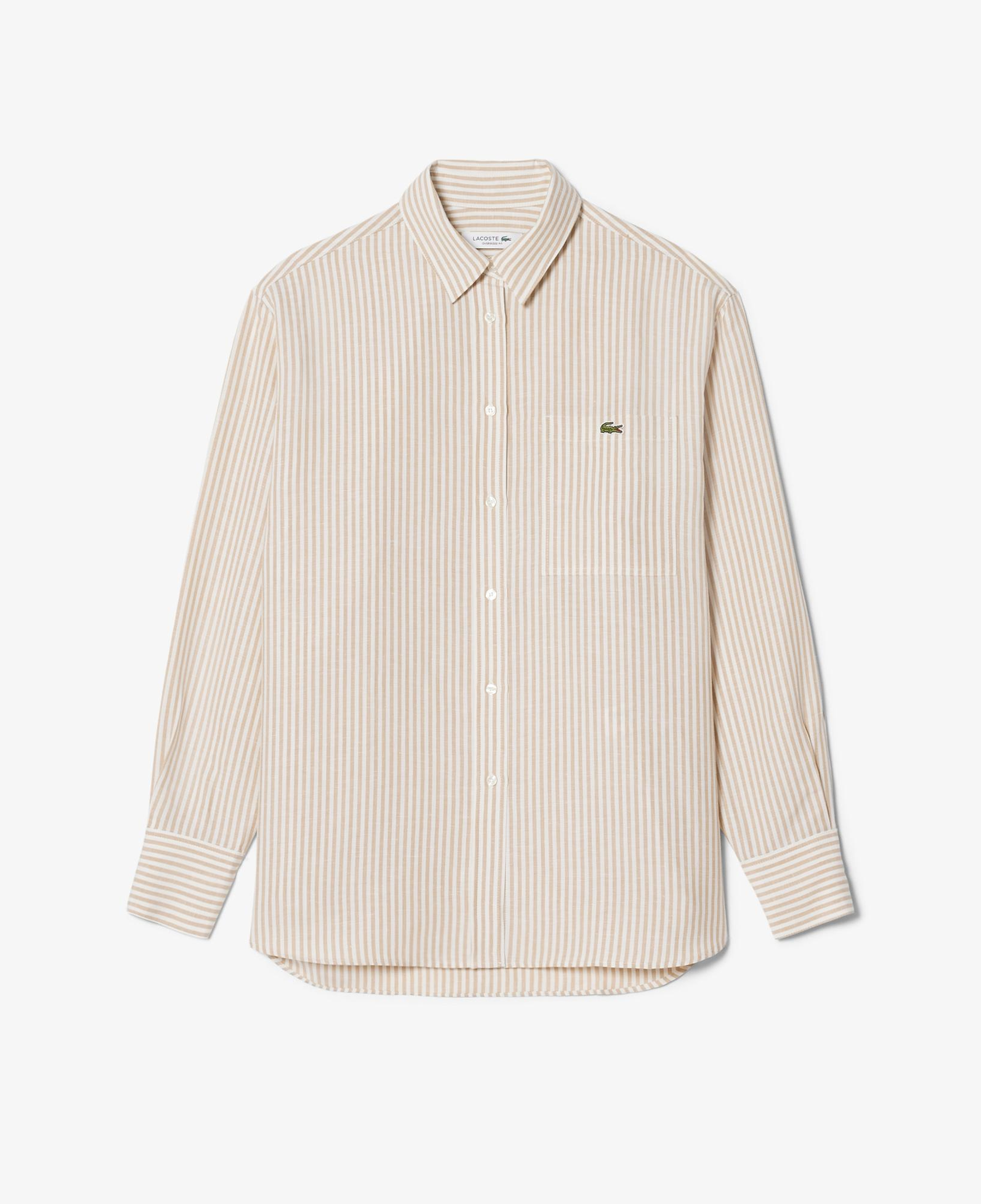 Lacoste Kadın Oversize Fit Çizgili Keten Krem Gömlek