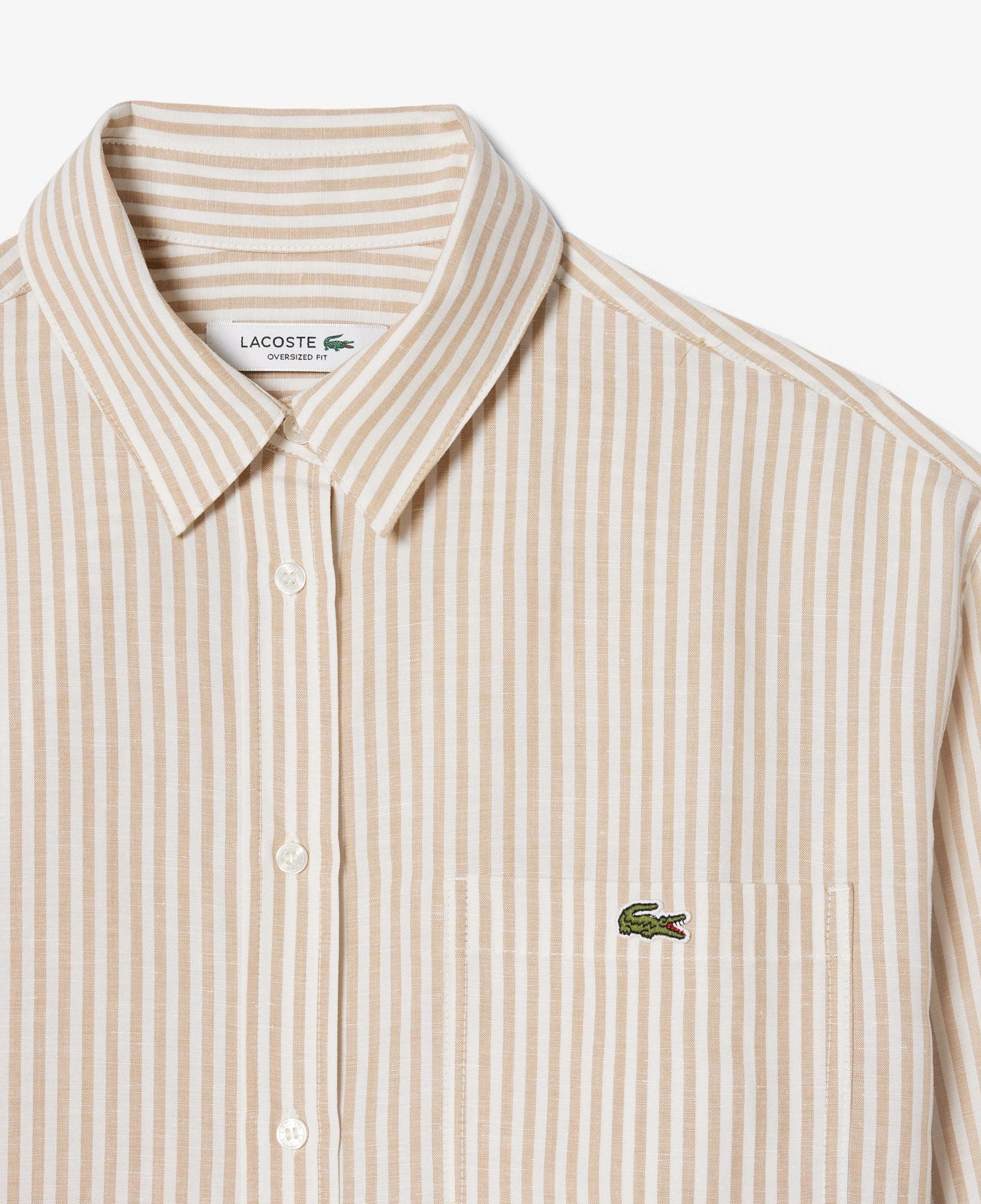 Lacoste Kadın Oversize Fit Çizgili Keten Krem Gömlek