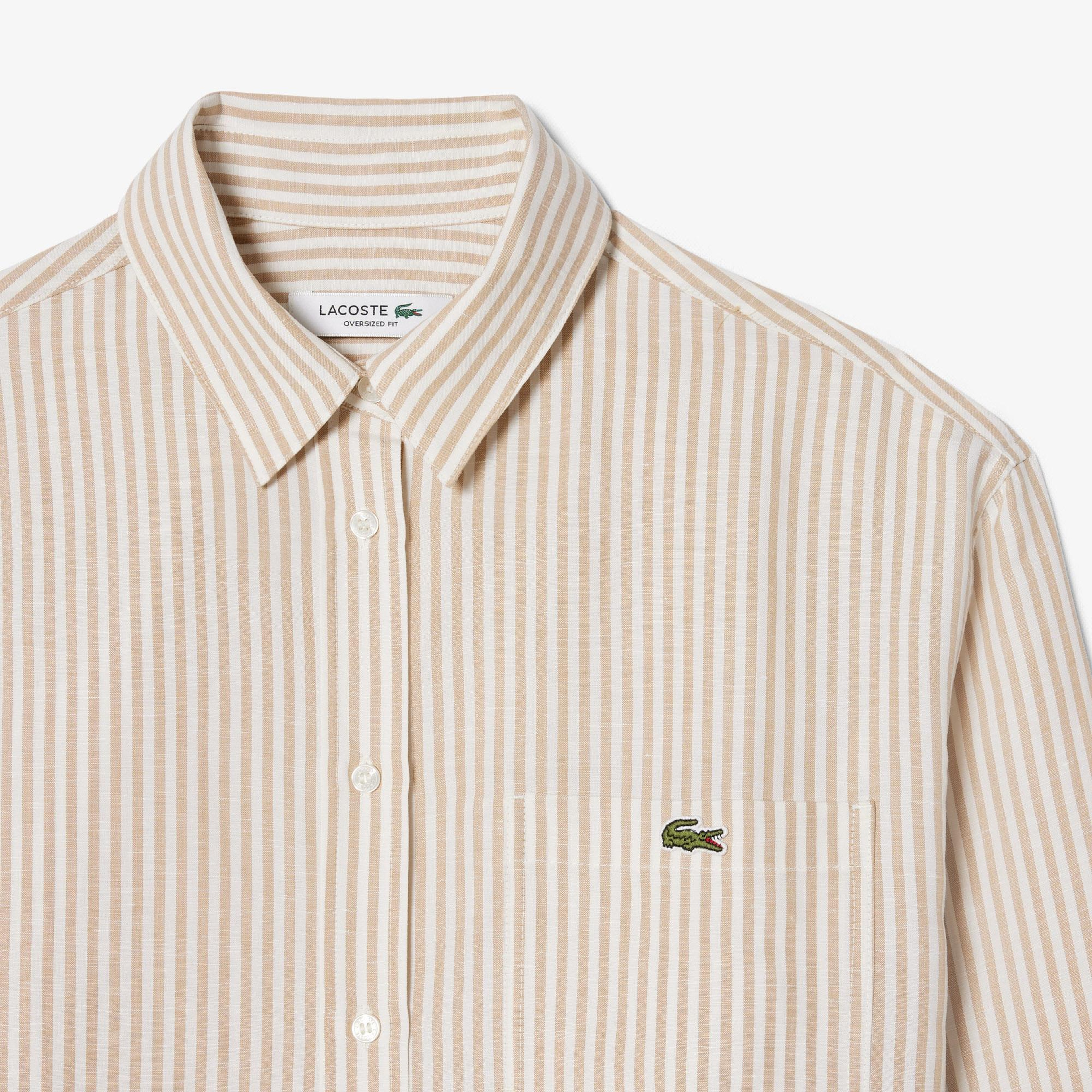 Lacoste Kadın Oversize Fit Çizgili Keten Krem Gömlek