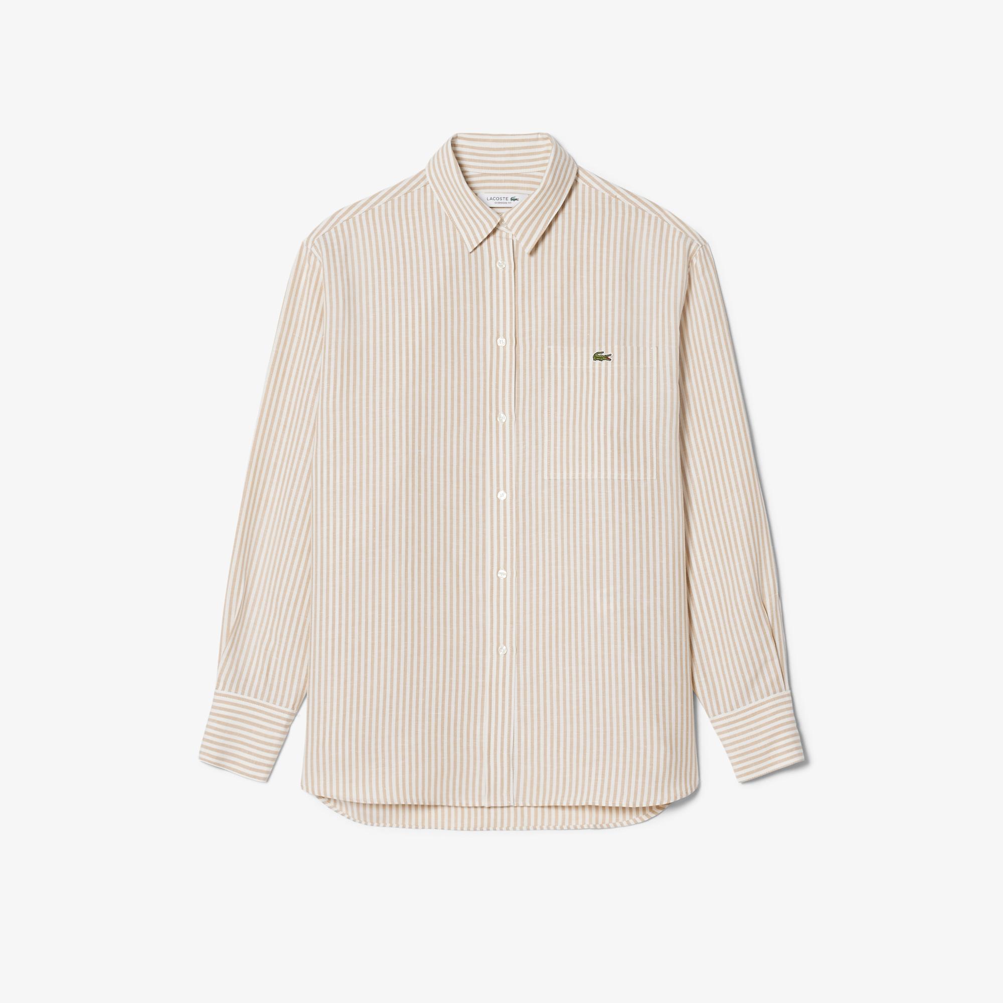 Lacoste Kadın Oversize Fit Çizgili Keten Krem Gömlek