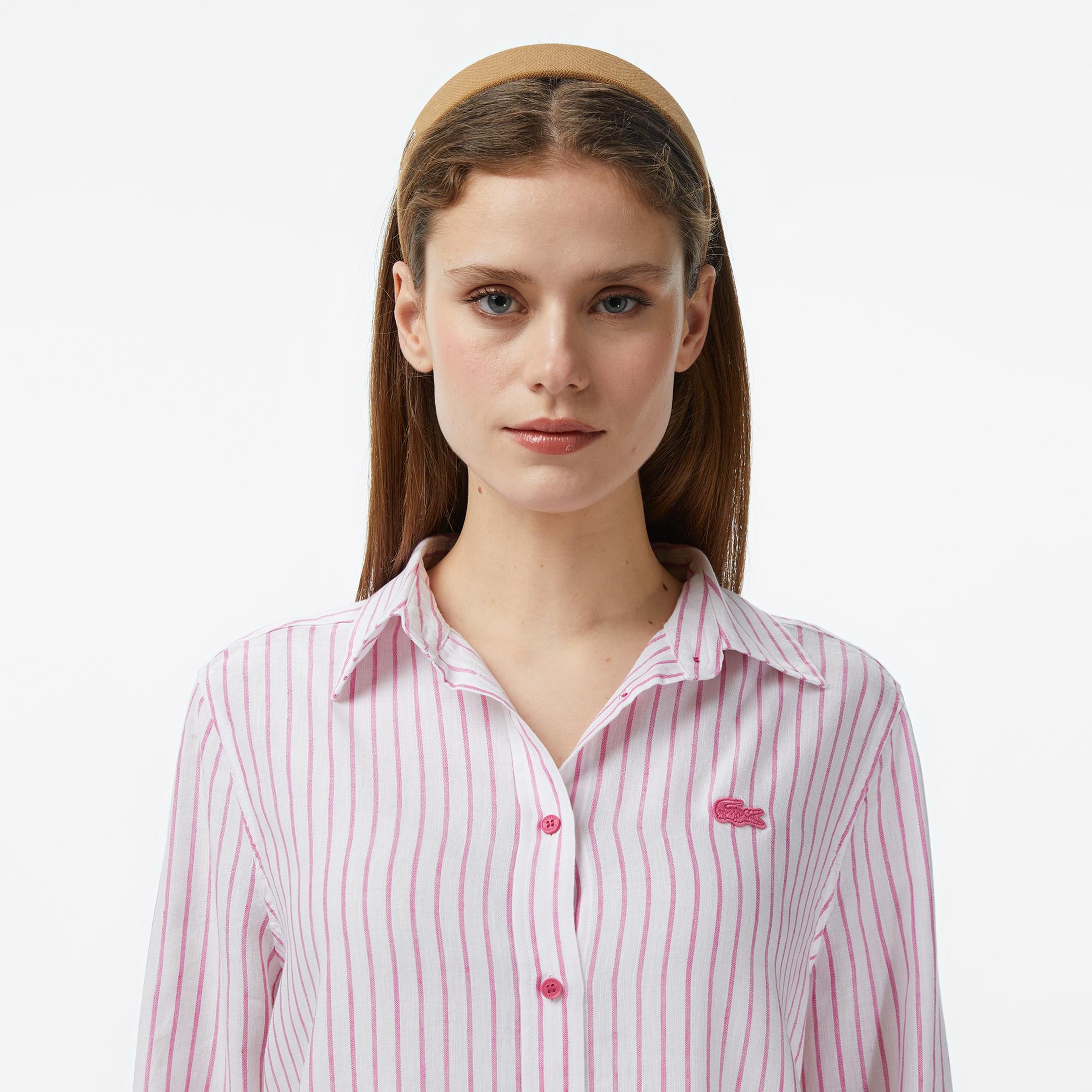 Lacoste Kadın Relaxed Fit Keten Çizgili Pembe Gömlek