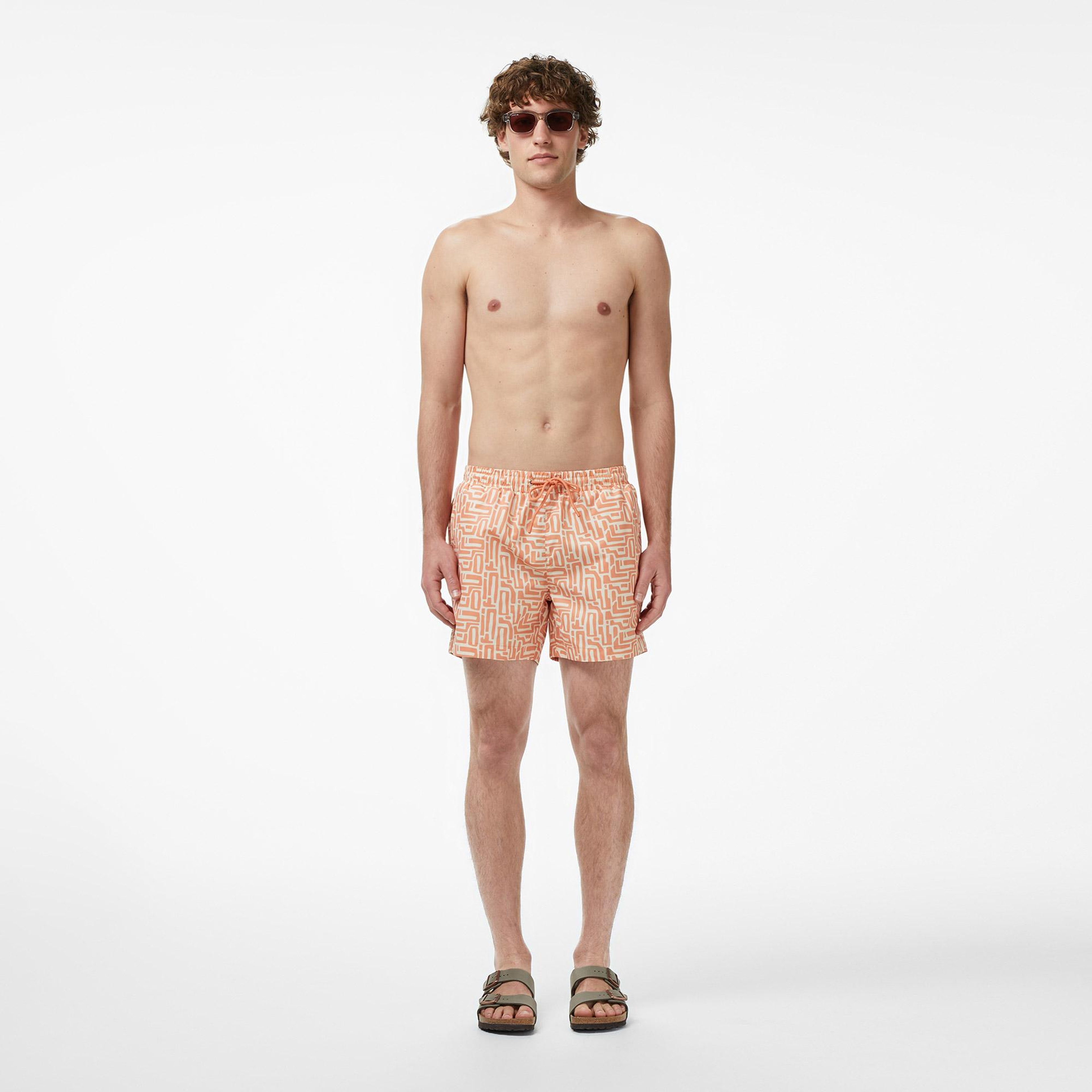 Lacoste Erkek Regular Fit Desenli Turuncu Deniz Şortu