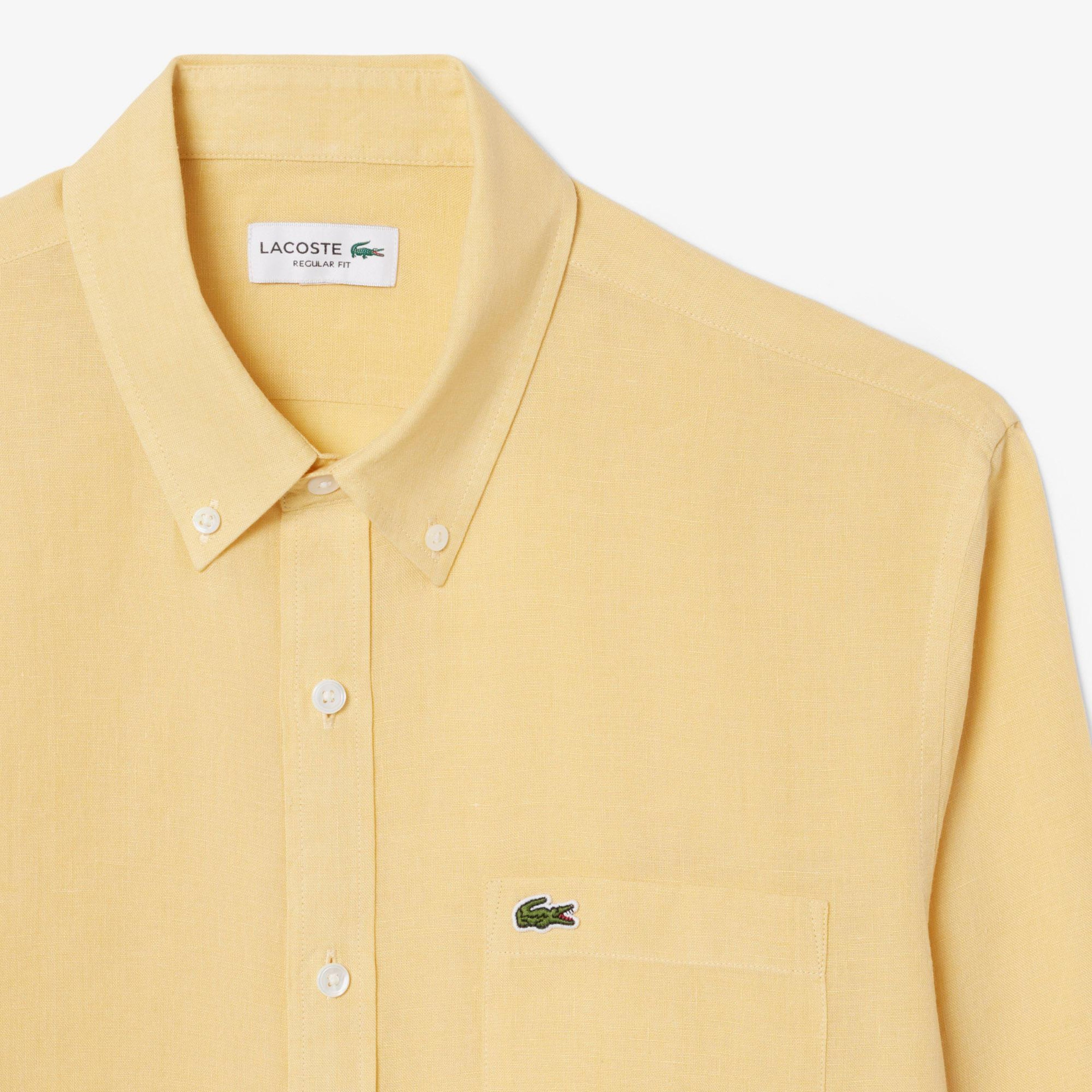 Lacoste Erkek Regular Fit Düğmeli Yaka Keten Sarı Gömlek