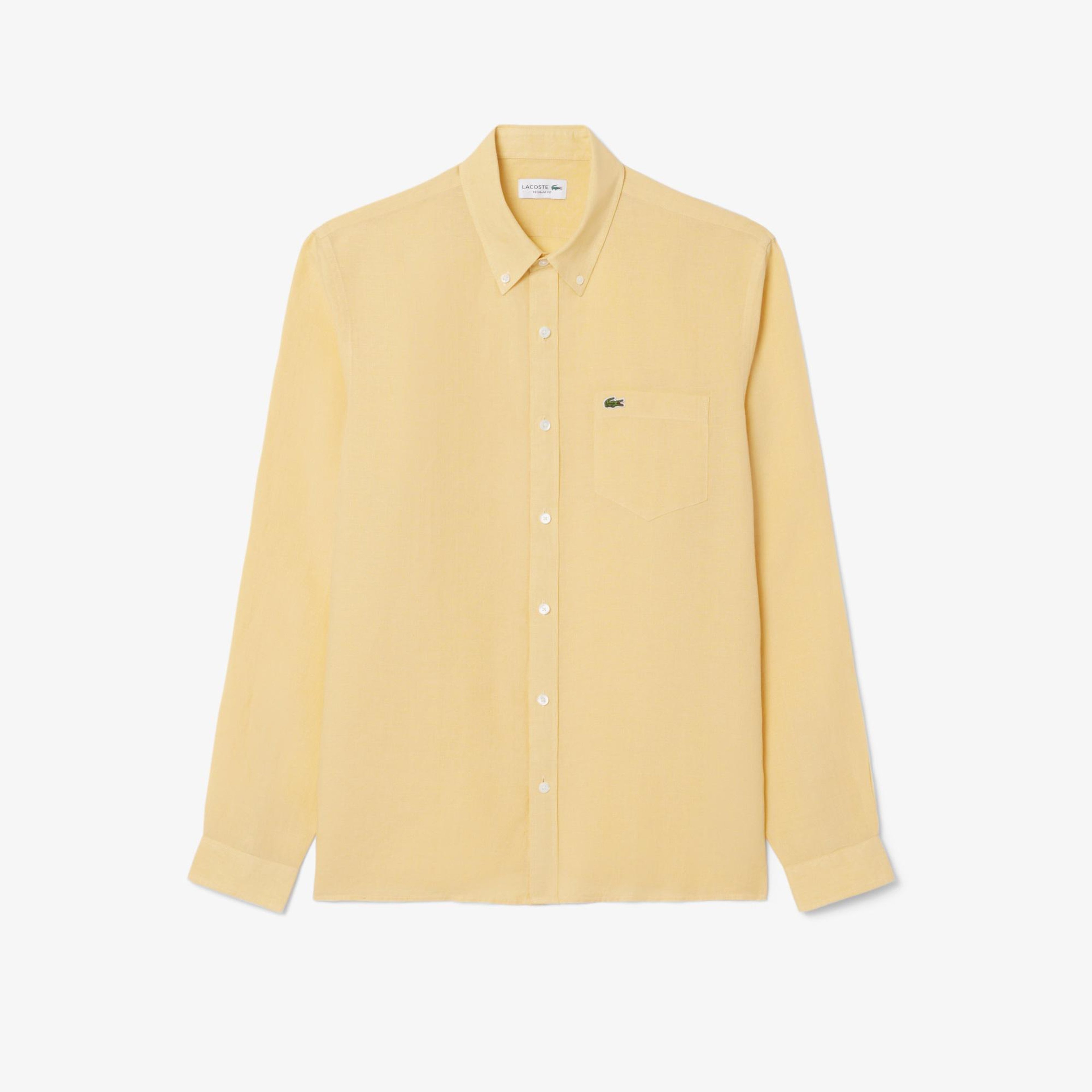 Lacoste Erkek Regular Fit Düğmeli Yaka Keten Sarı Gömlek
