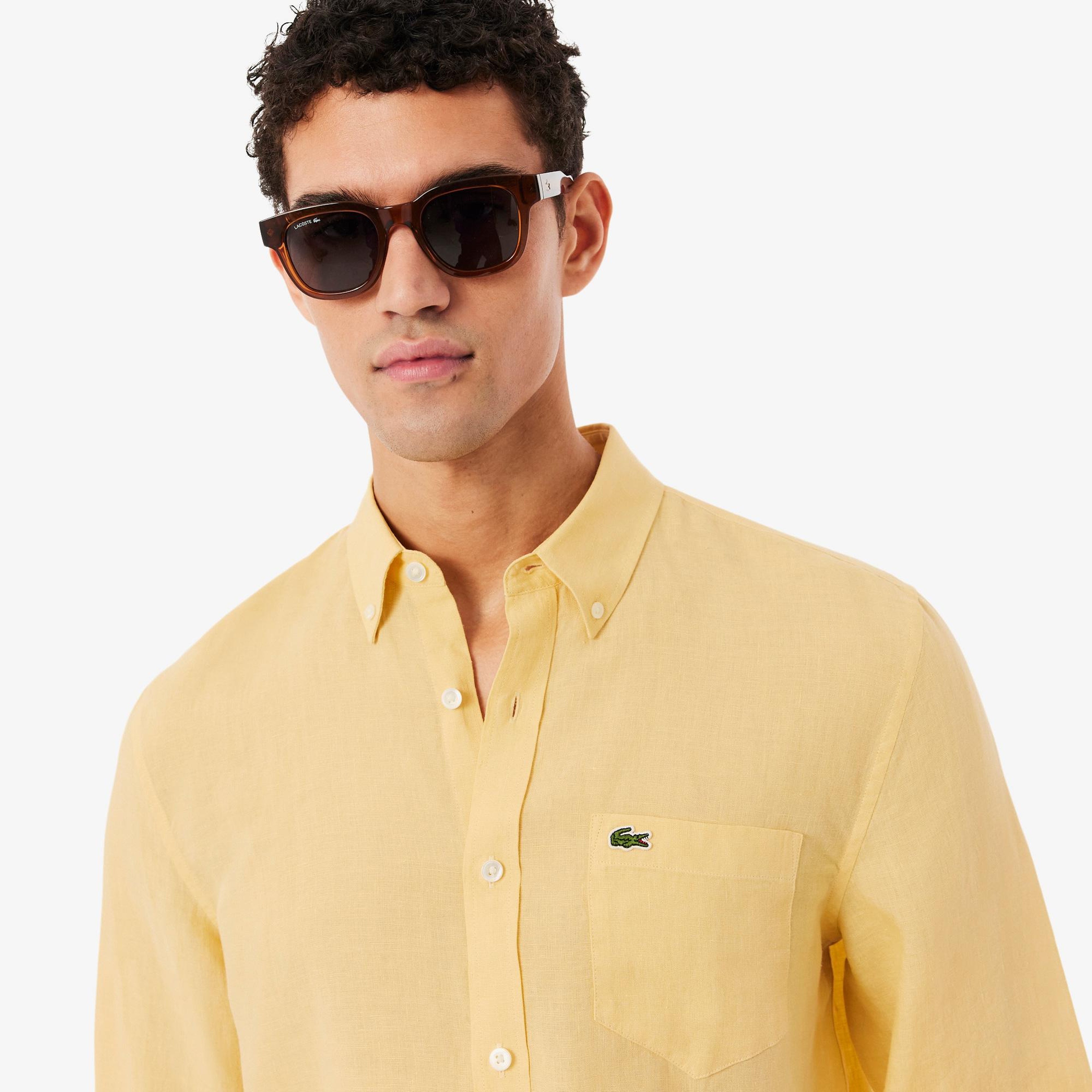 Lacoste Erkek Regular Fit Düğmeli Yaka Keten Sarı Gömlek