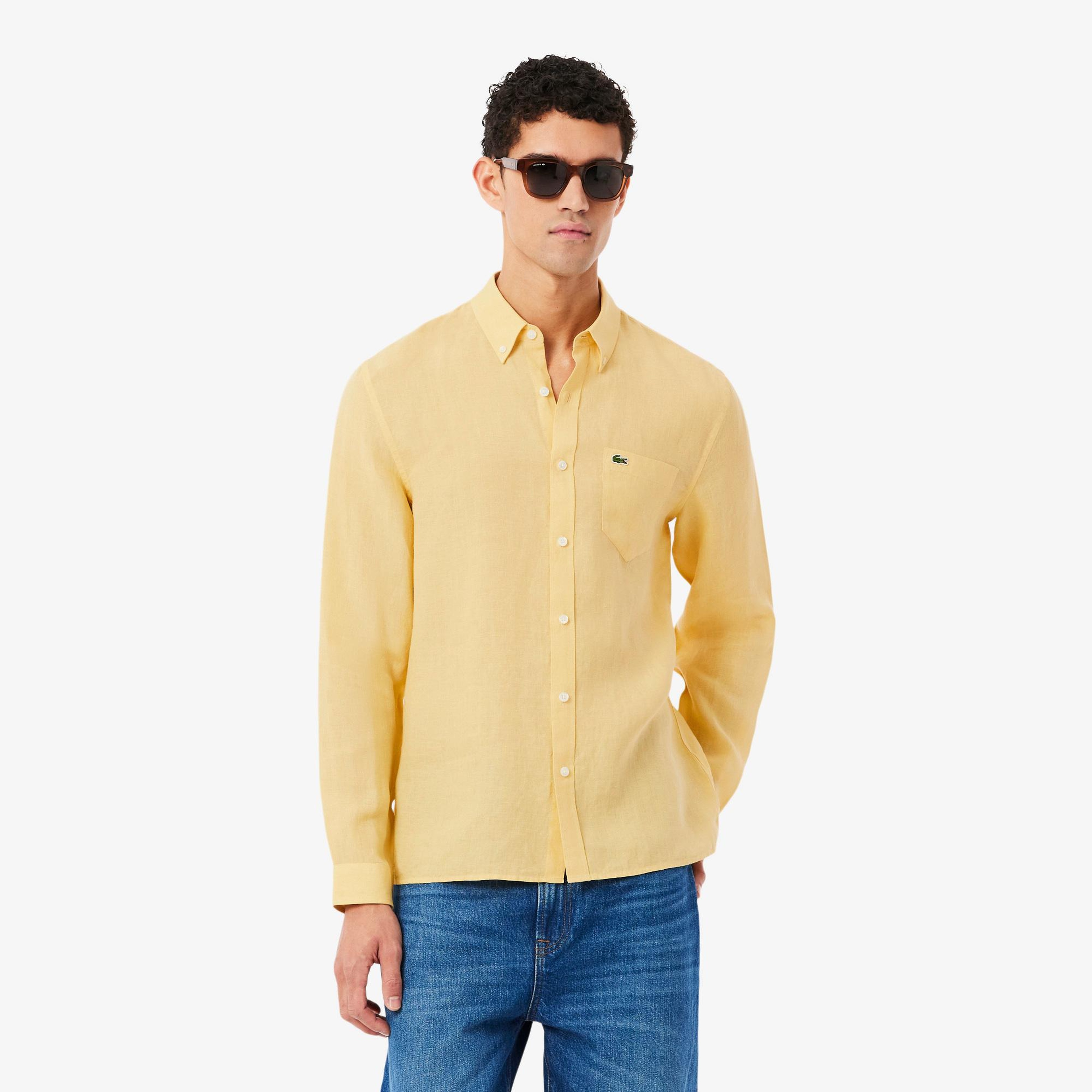 Lacoste Erkek Regular Fit Düğmeli Yaka Keten Sarı Gömlek