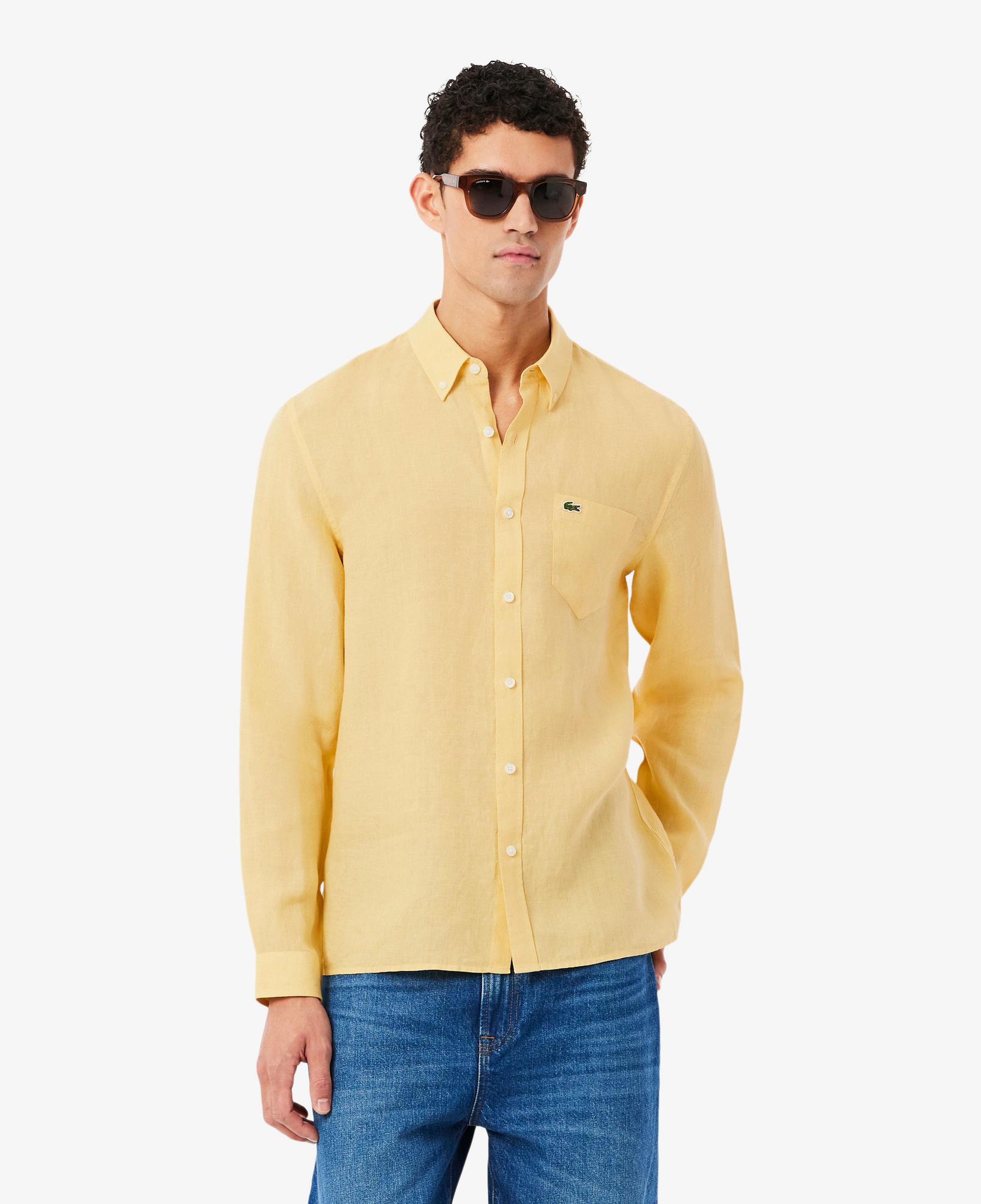 Lacoste Erkek Regular Fit Düğmeli Yaka Keten Sarı Gömlek