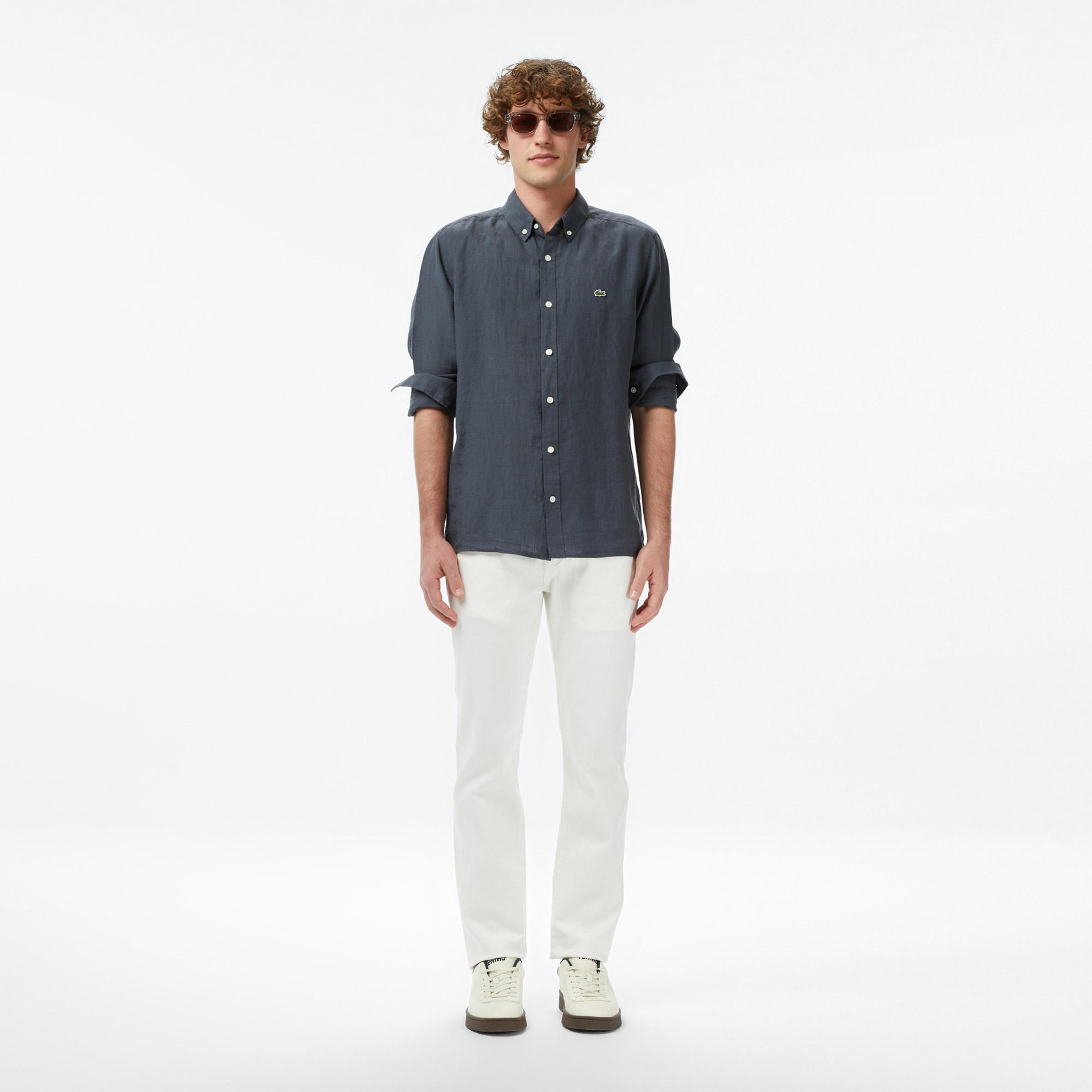 Lacoste Erkek Regular Fit Düğmeli Yaka Keten Koyu Gri Gömlek