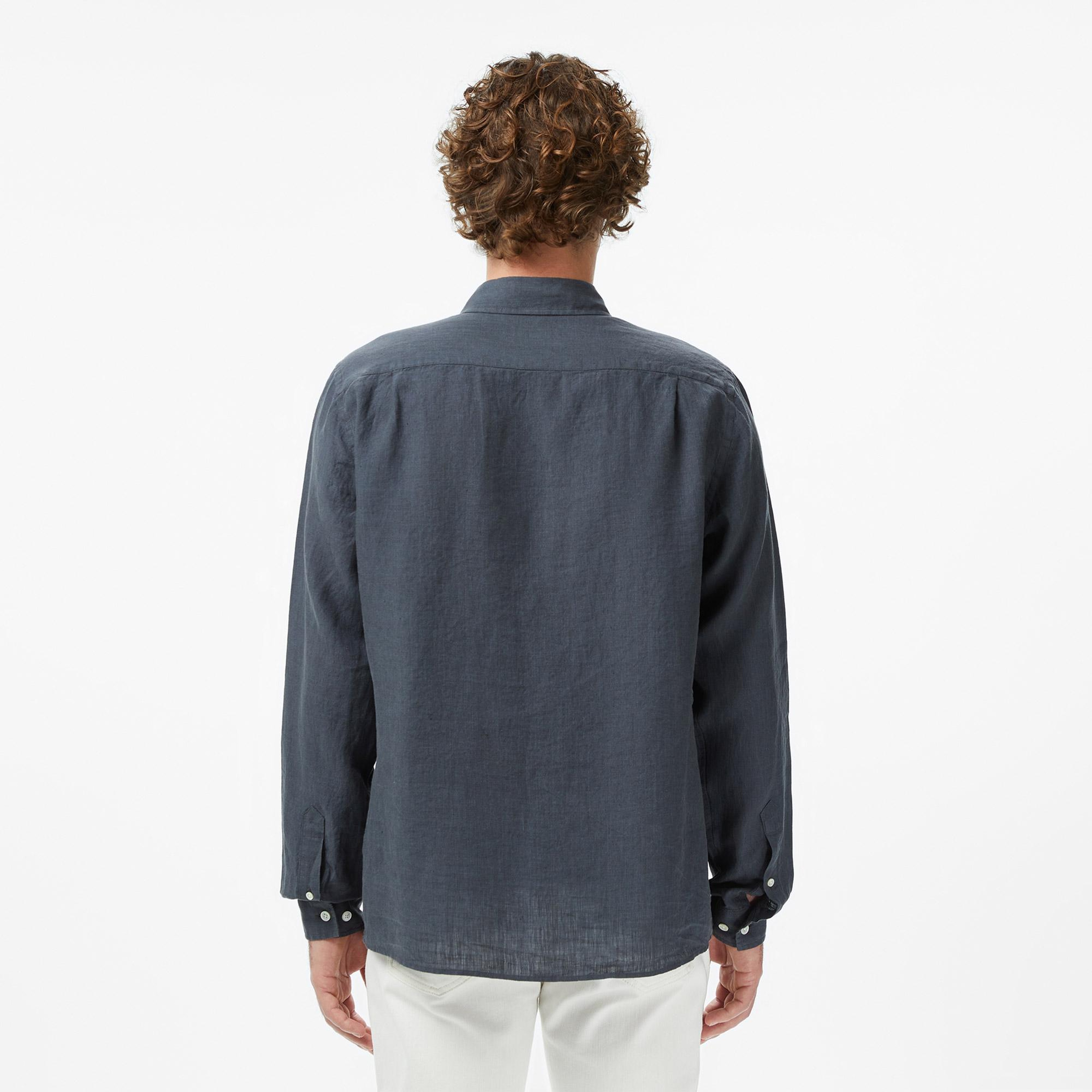 Lacoste Erkek Regular Fit Düğmeli Yaka Keten Koyu Gri Gömlek