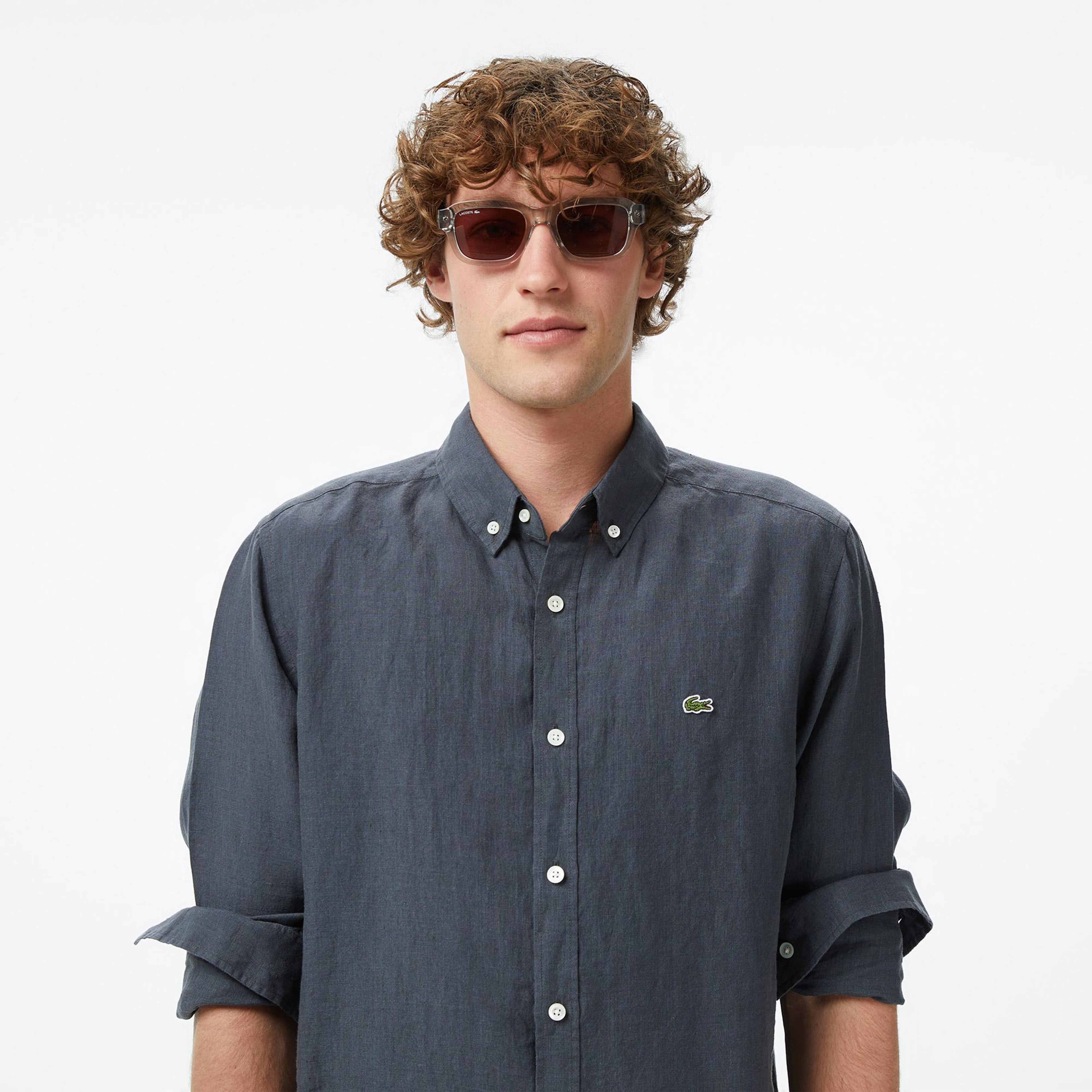 Lacoste Erkek Regular Fit Düğmeli Yaka Keten Koyu Gri Gömlek