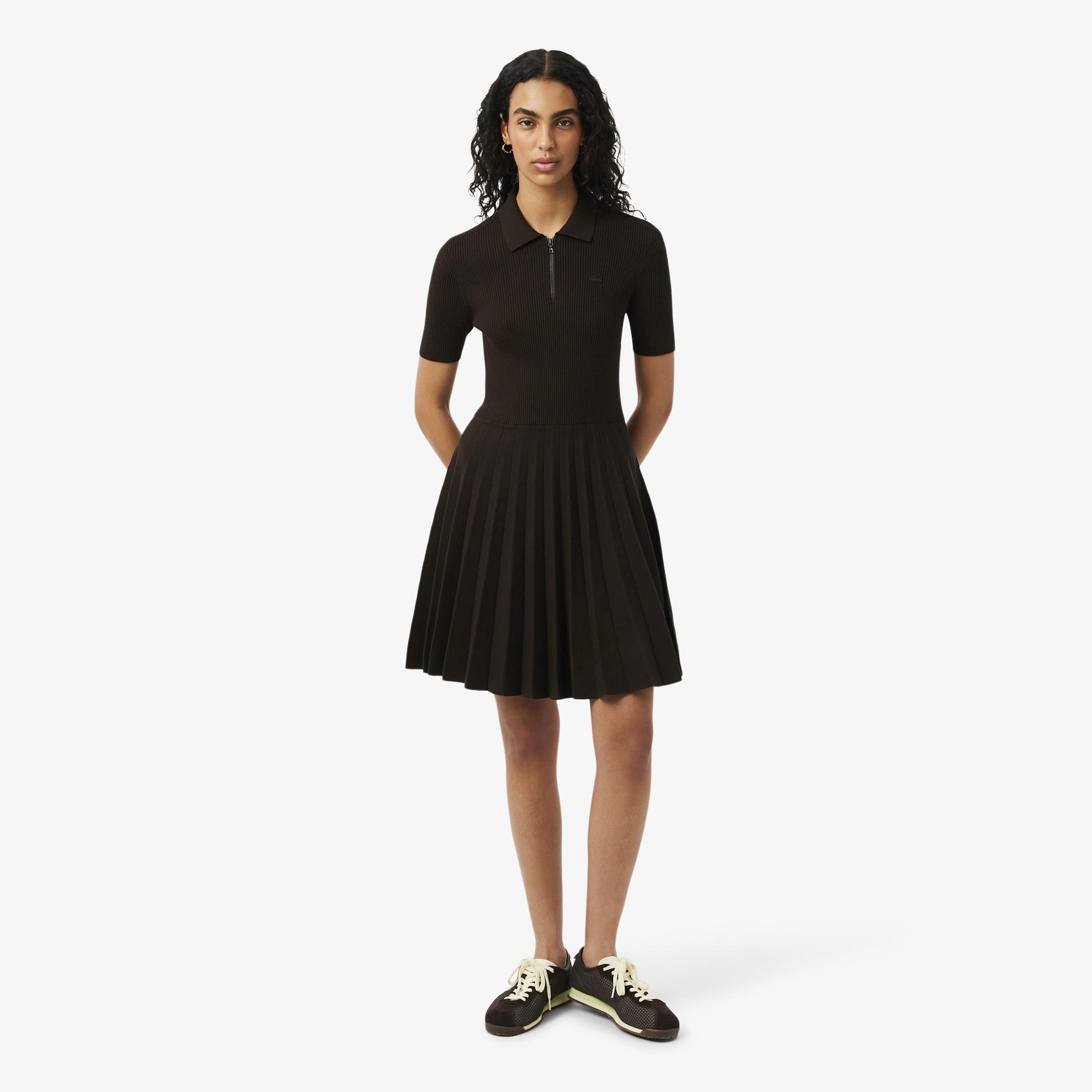 Lacoste Kadın Relaxed Fit Kısa Kollu Polo Yaka Koyu Kahverengi Elbise