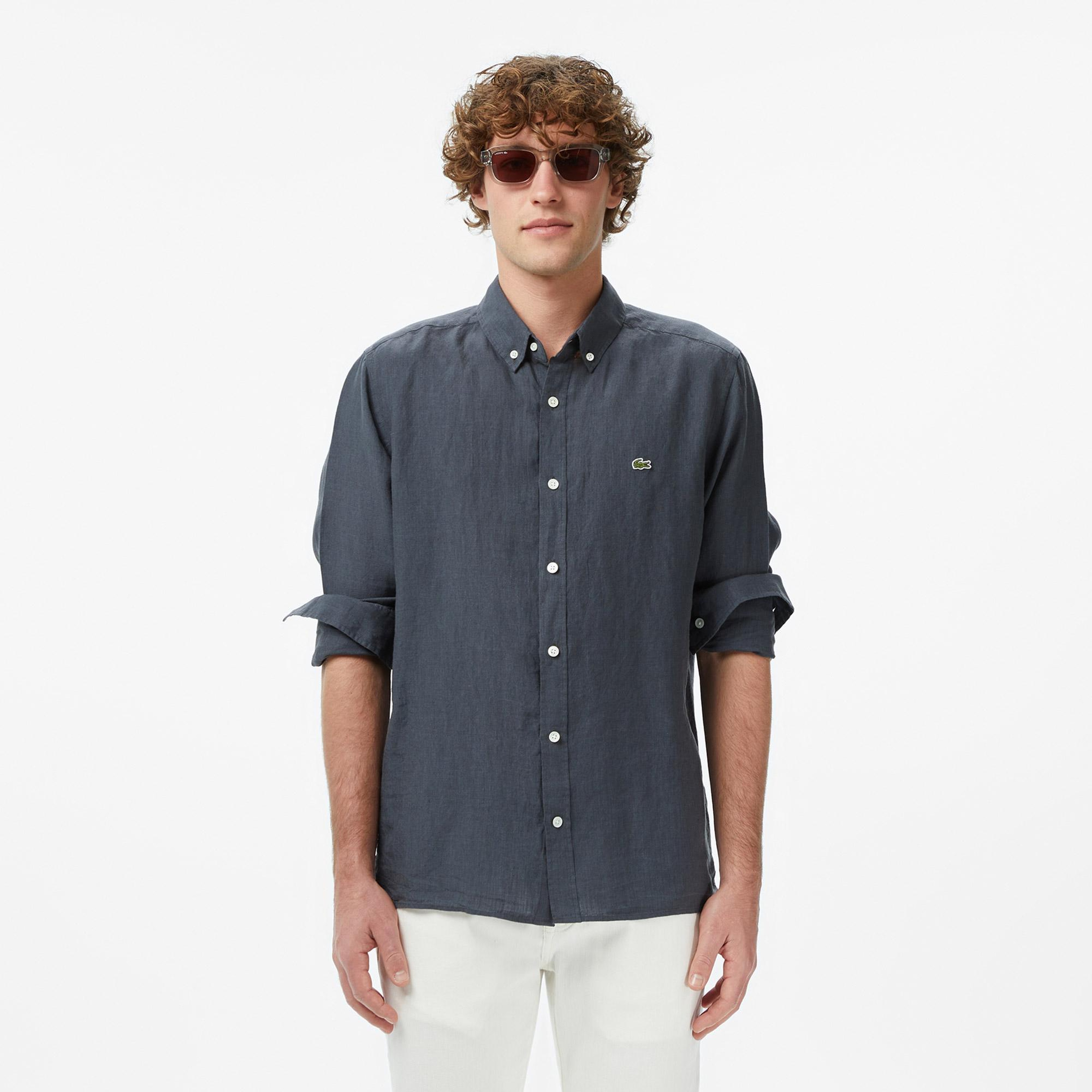 Lacoste Erkek Regular Fit Düğmeli Yaka Keten Koyu Gri Gömlek