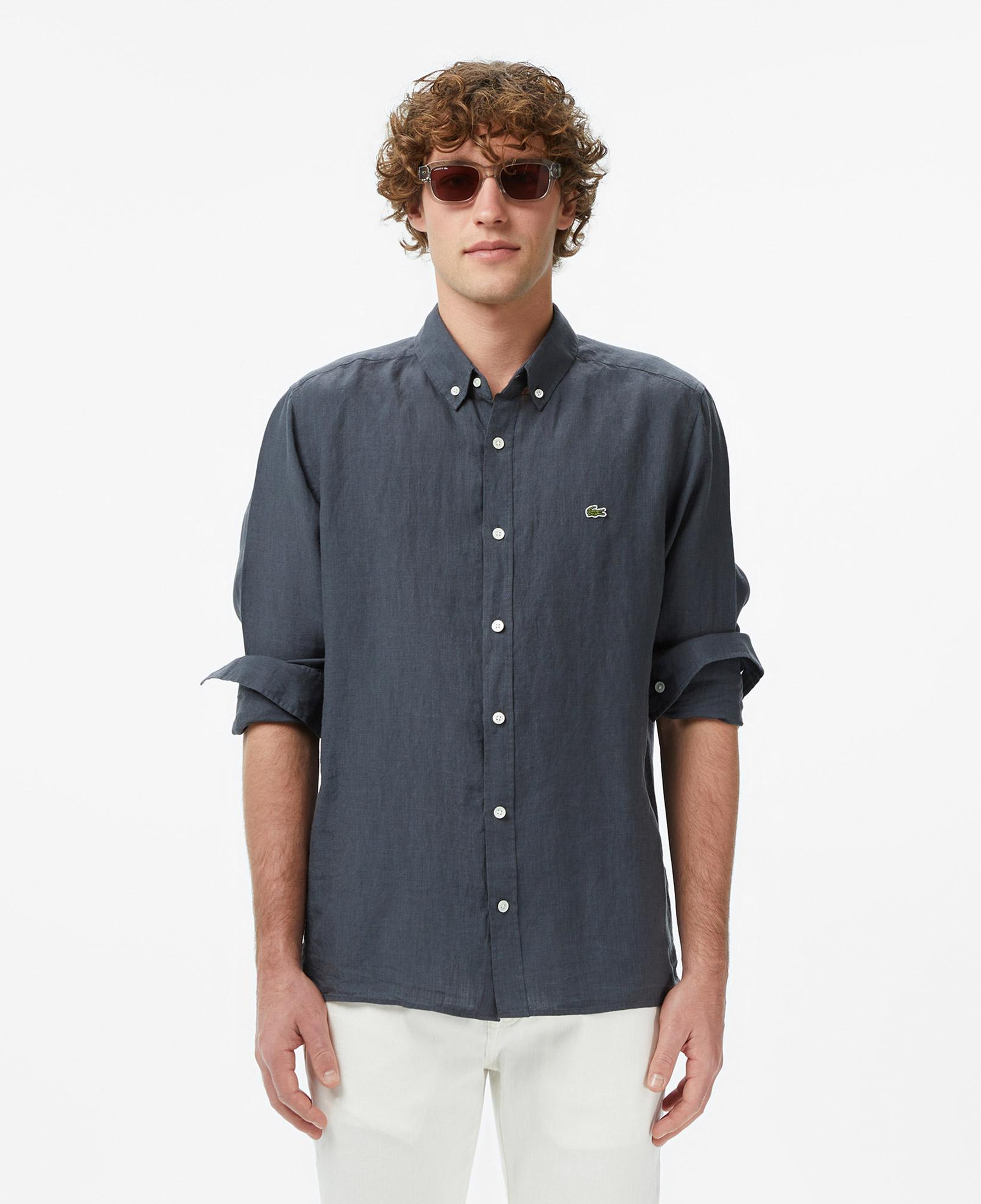 Lacoste Erkek Regular Fit Düğmeli Yaka Keten Koyu Gri Gömlek