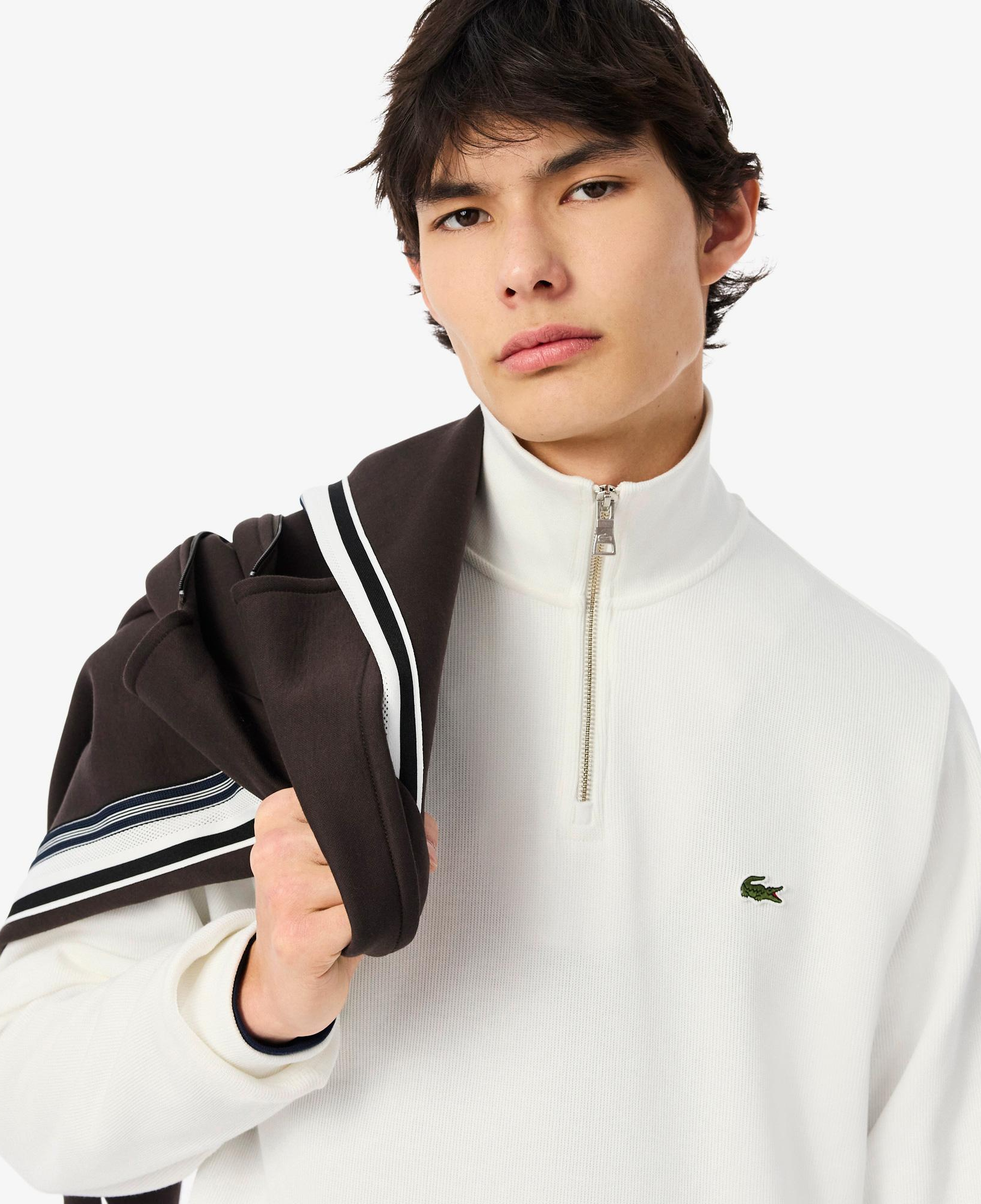 Lacoste Erkek Classic Fit Yarım Fermuarlı Beyaz Sweatshirt