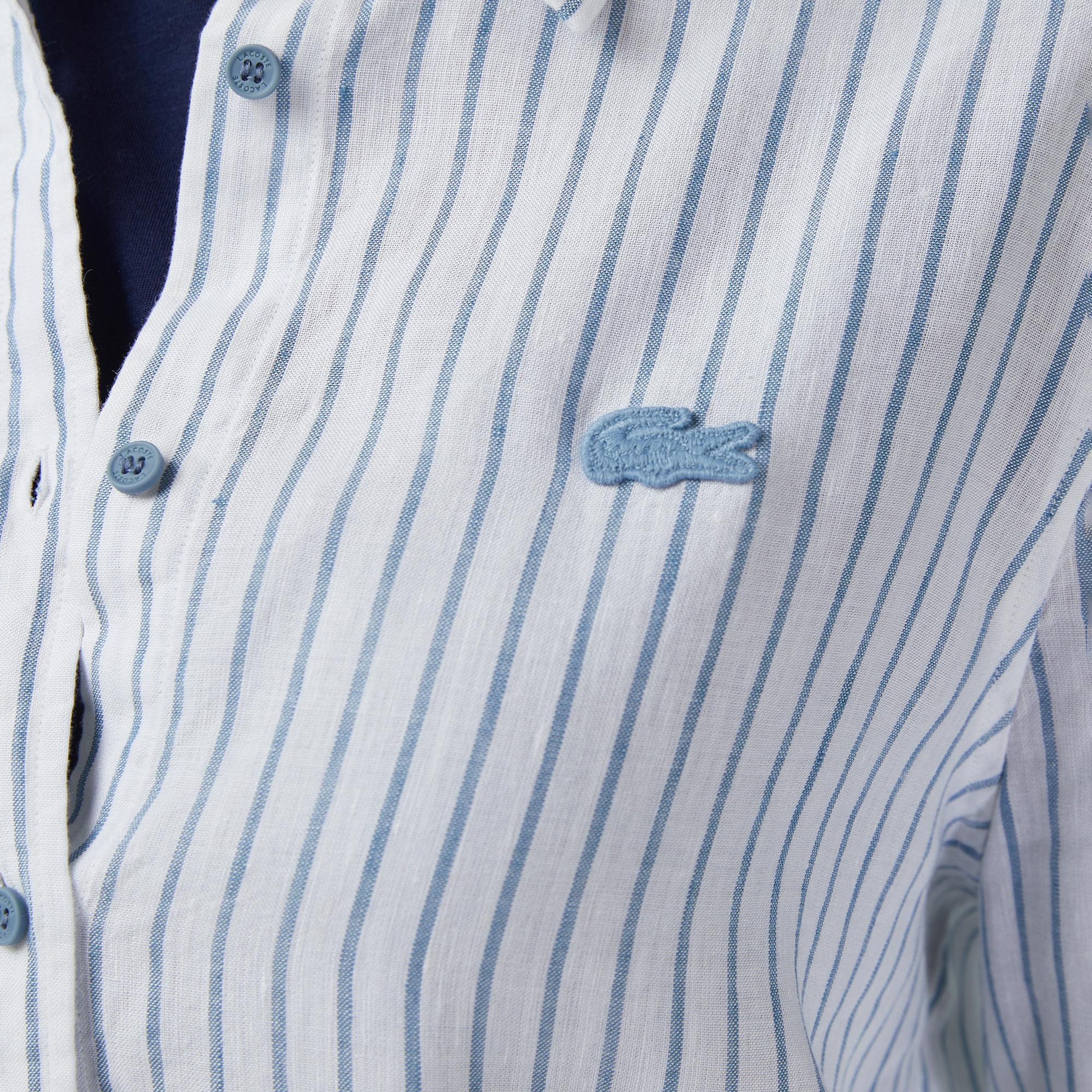 Lacoste Kadın Relaxed Fit Keten Çizgili Mavi Gömlek