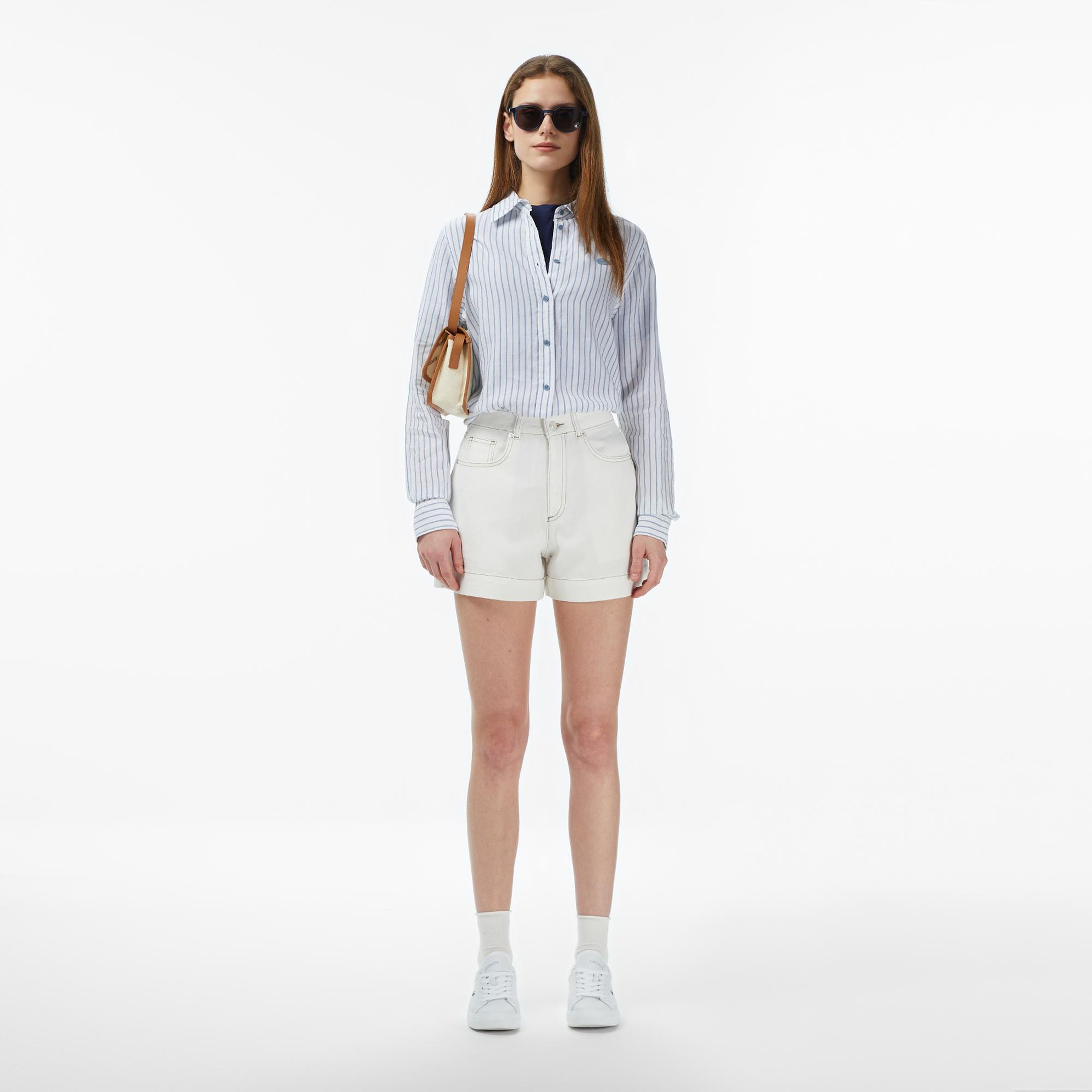 Lacoste Kadın Relaxed Fit Keten Çizgili Mavi Gömlek