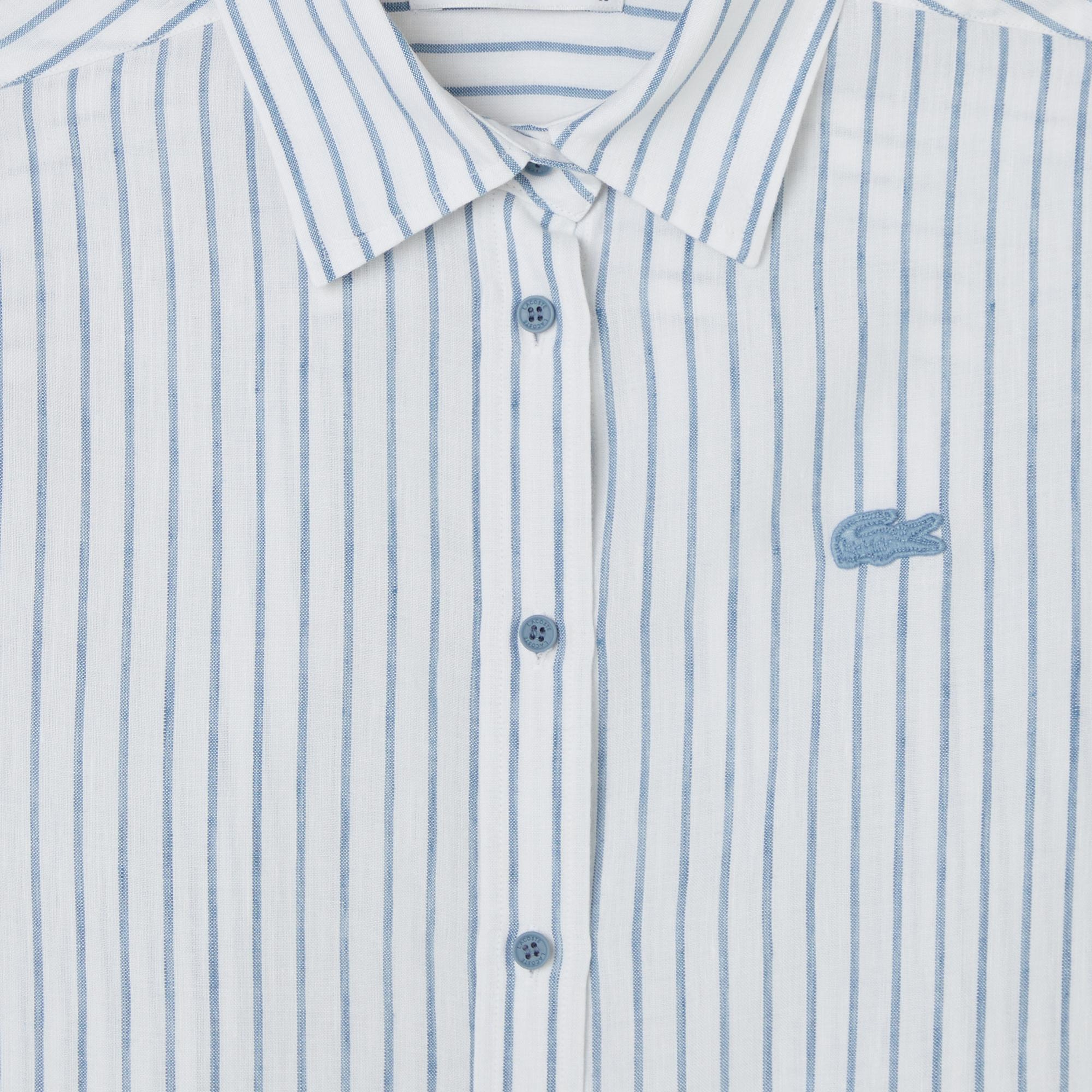 Lacoste Kadın Relaxed Fit Keten Çizgili Mavi Gömlek