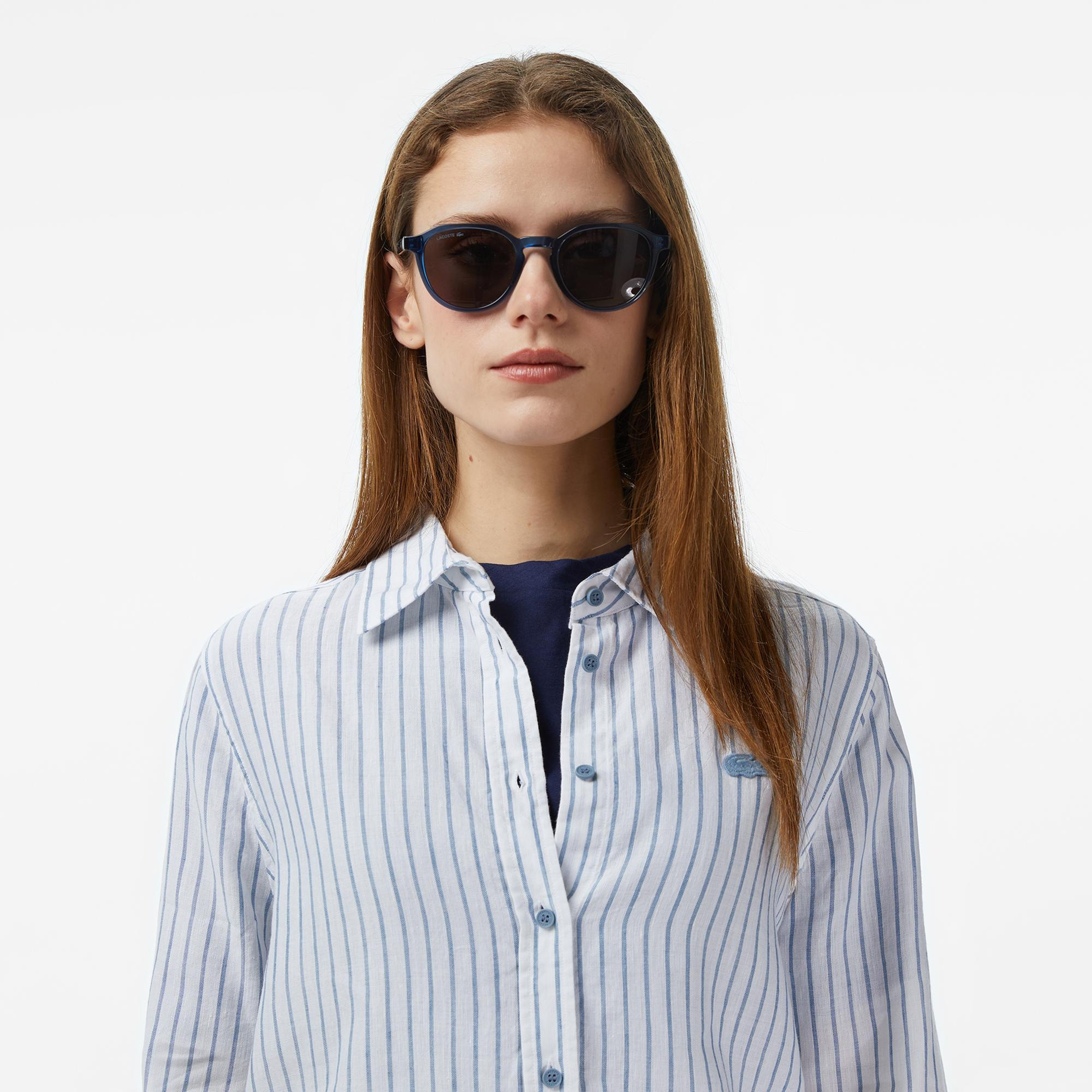 Lacoste Kadın Relaxed Fit Keten Çizgili Mavi Gömlek