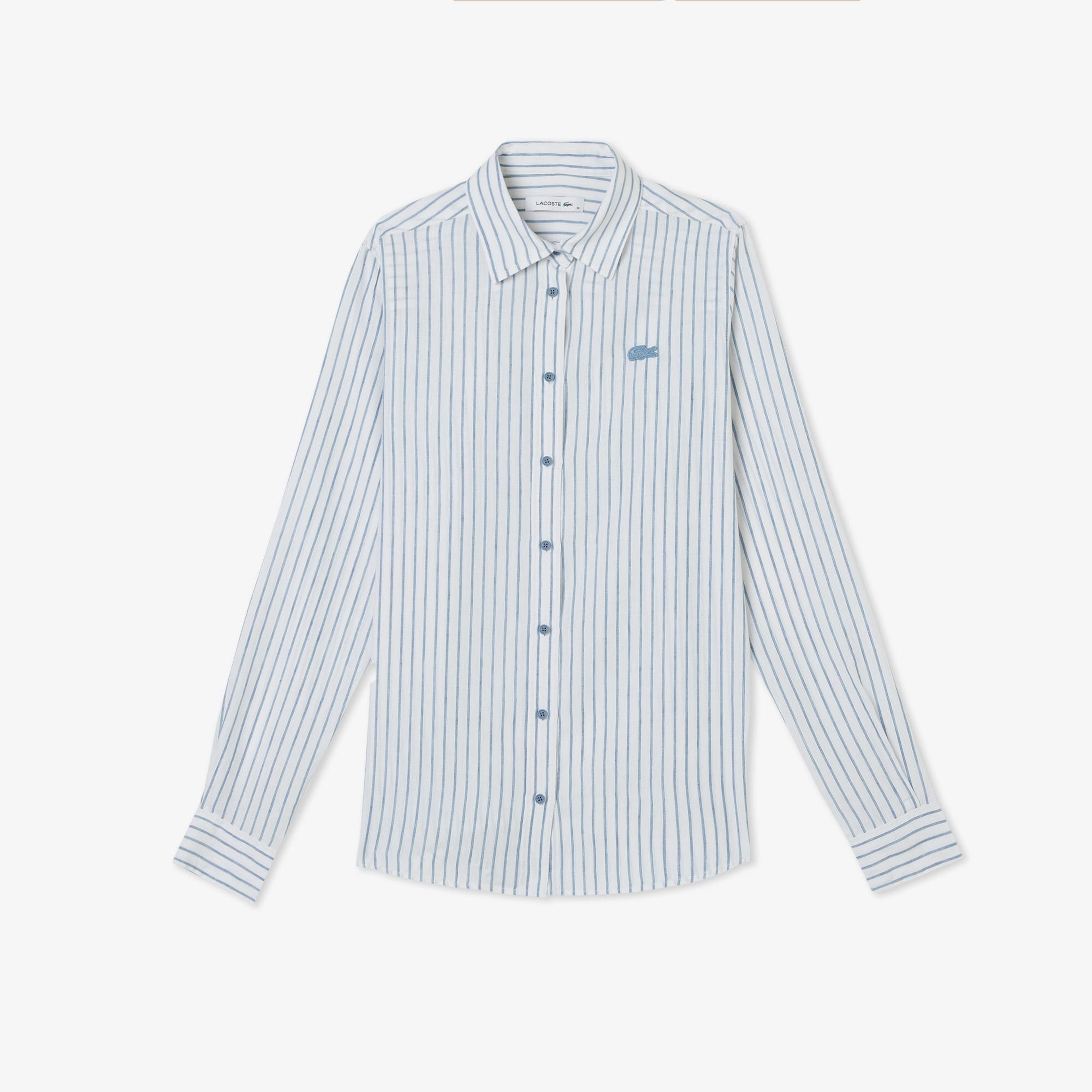 Lacoste Kadın Relaxed Fit Keten Çizgili Mavi Gömlek
