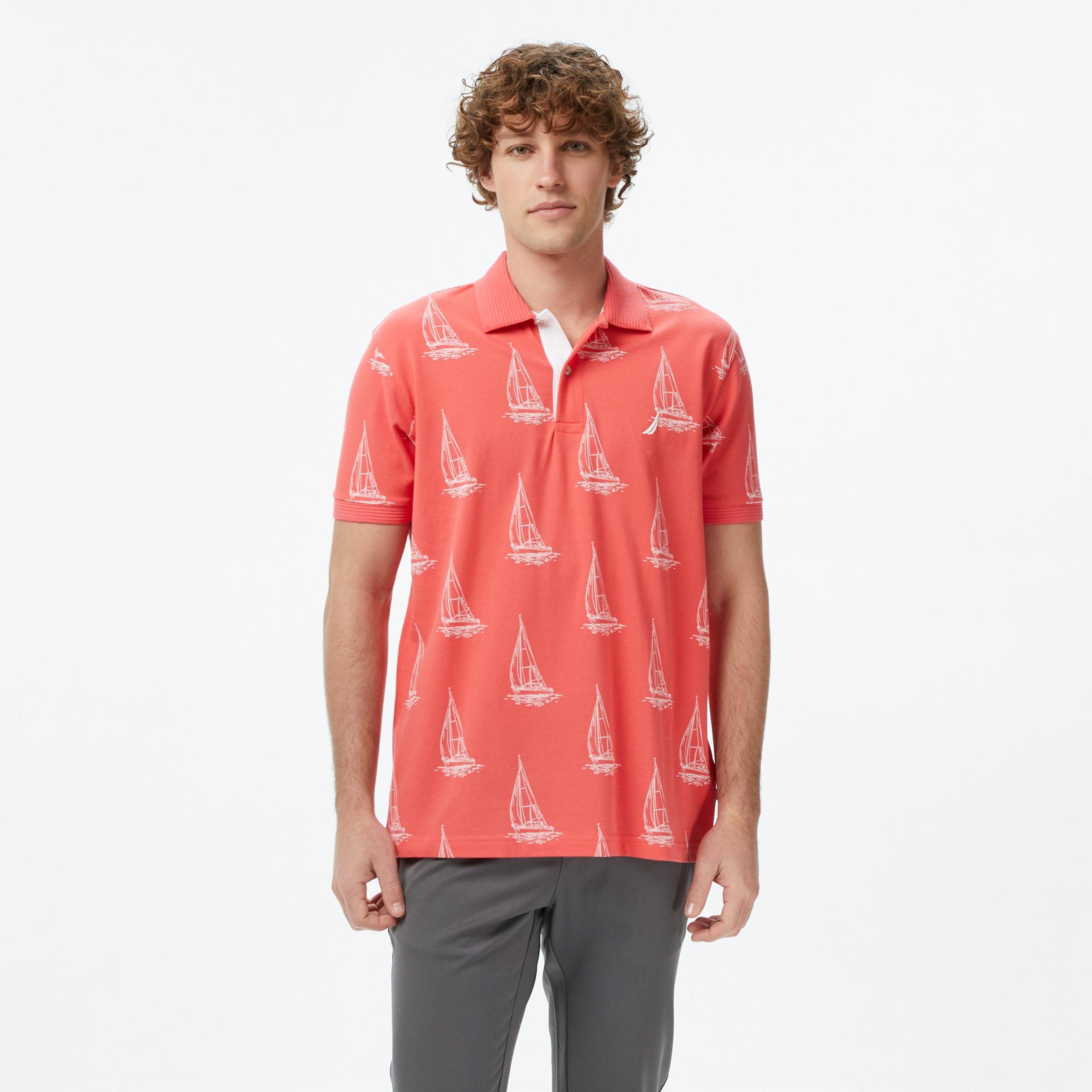 Nautica Erkek Kırmızı Classic Fit Kısa Kollu Desenli Polo Yaka T-Shirt