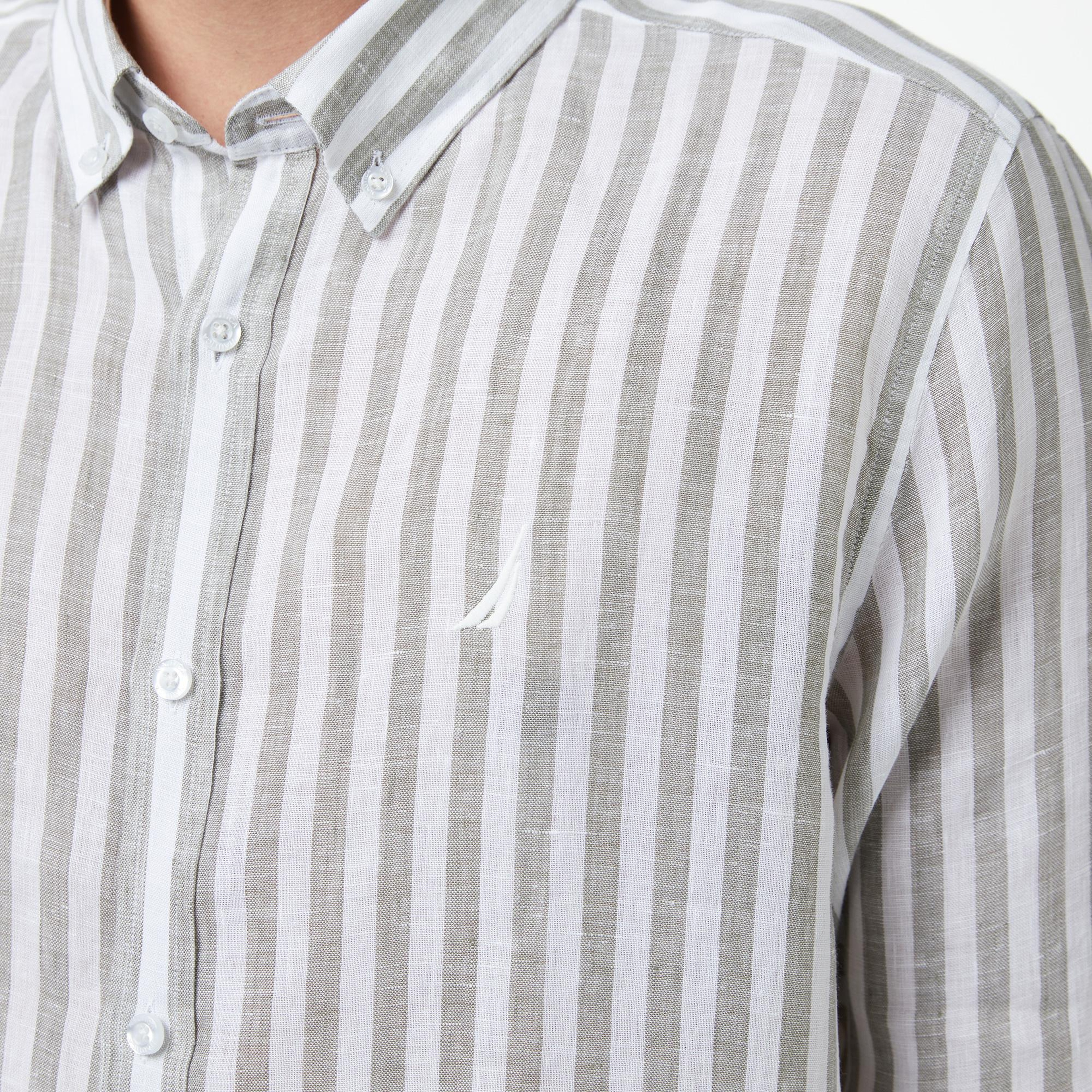 Nautica Erkek Yeşil Regular Fit Çizgili Keten Gömlek