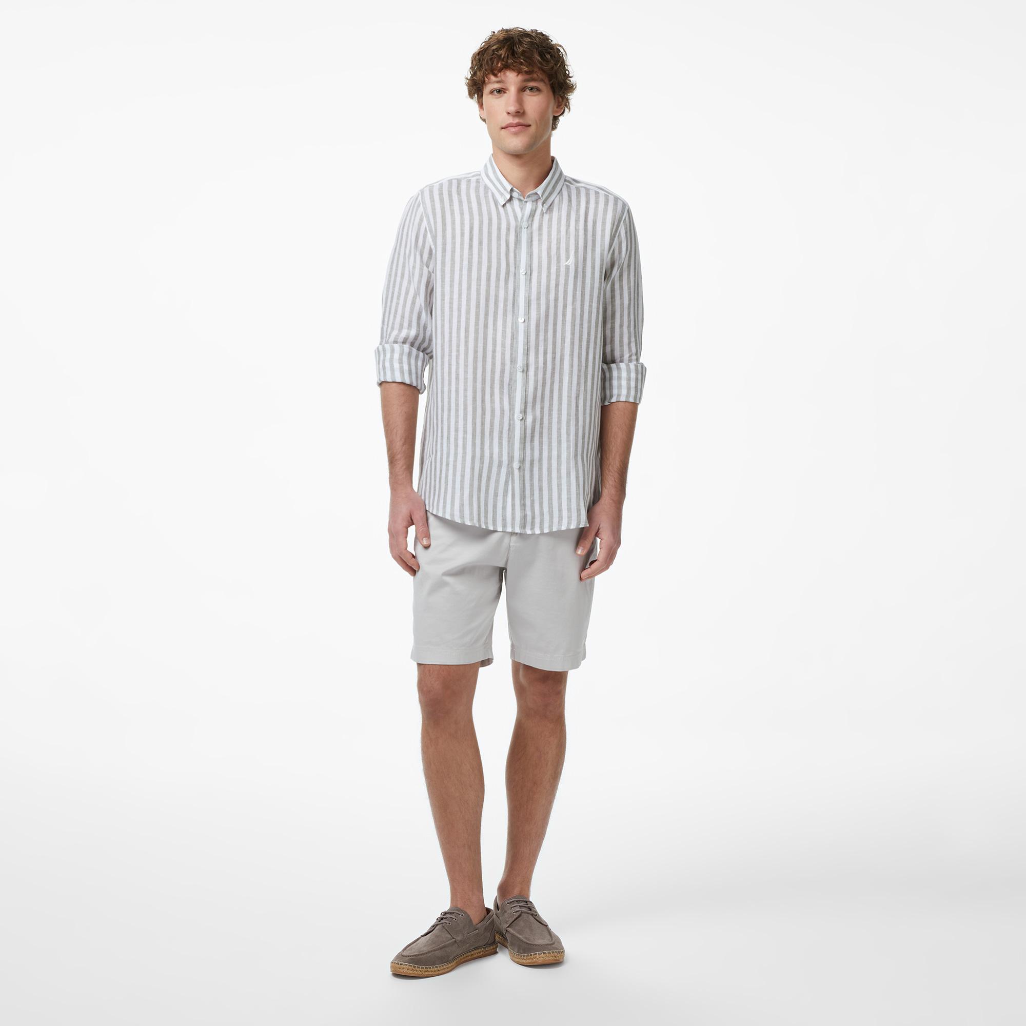 Nautica Erkek Yeşil Regular Fit Çizgili Keten Gömlek