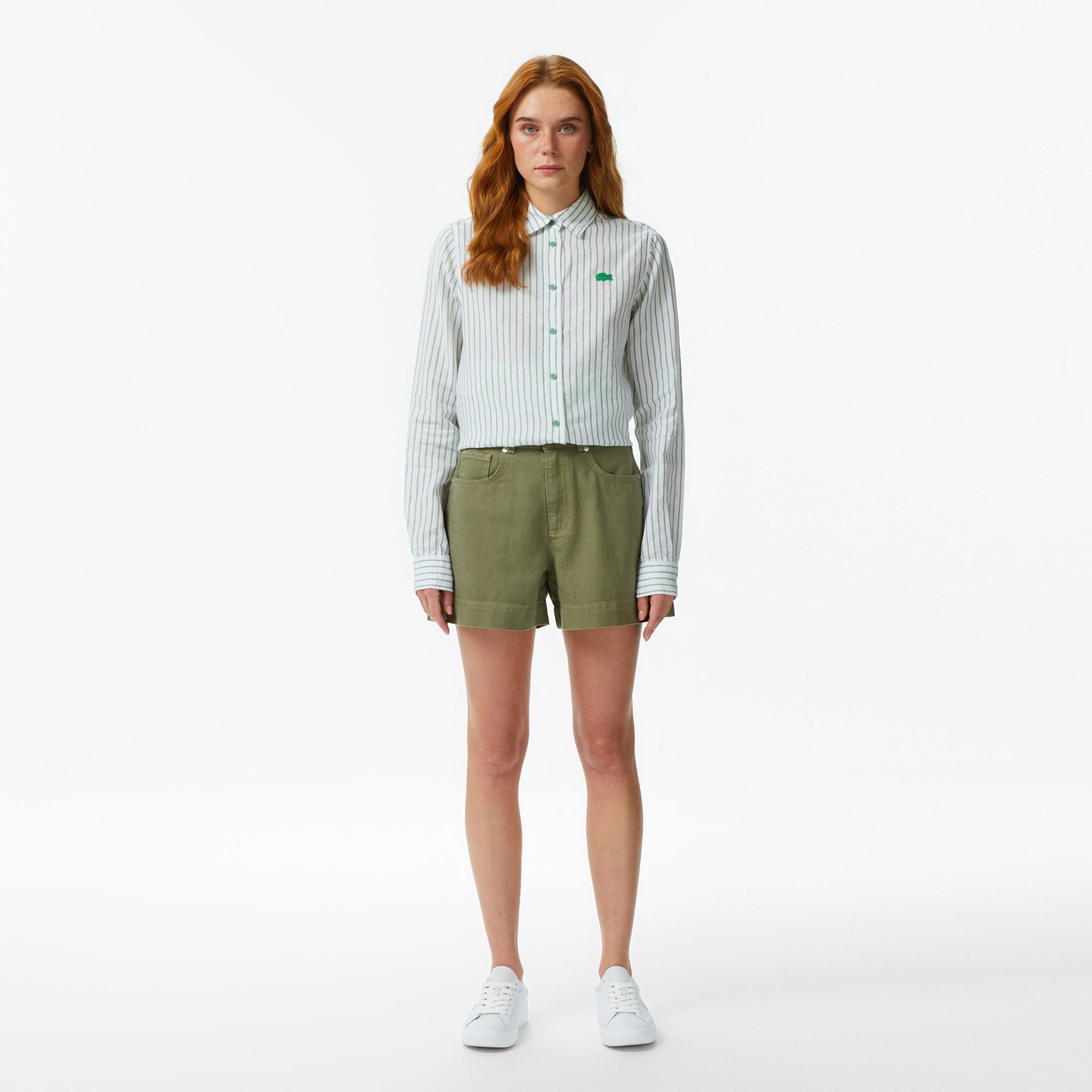Lacoste Kadın Relaxed Fit Keten Çizgili Yeşil Gömlek