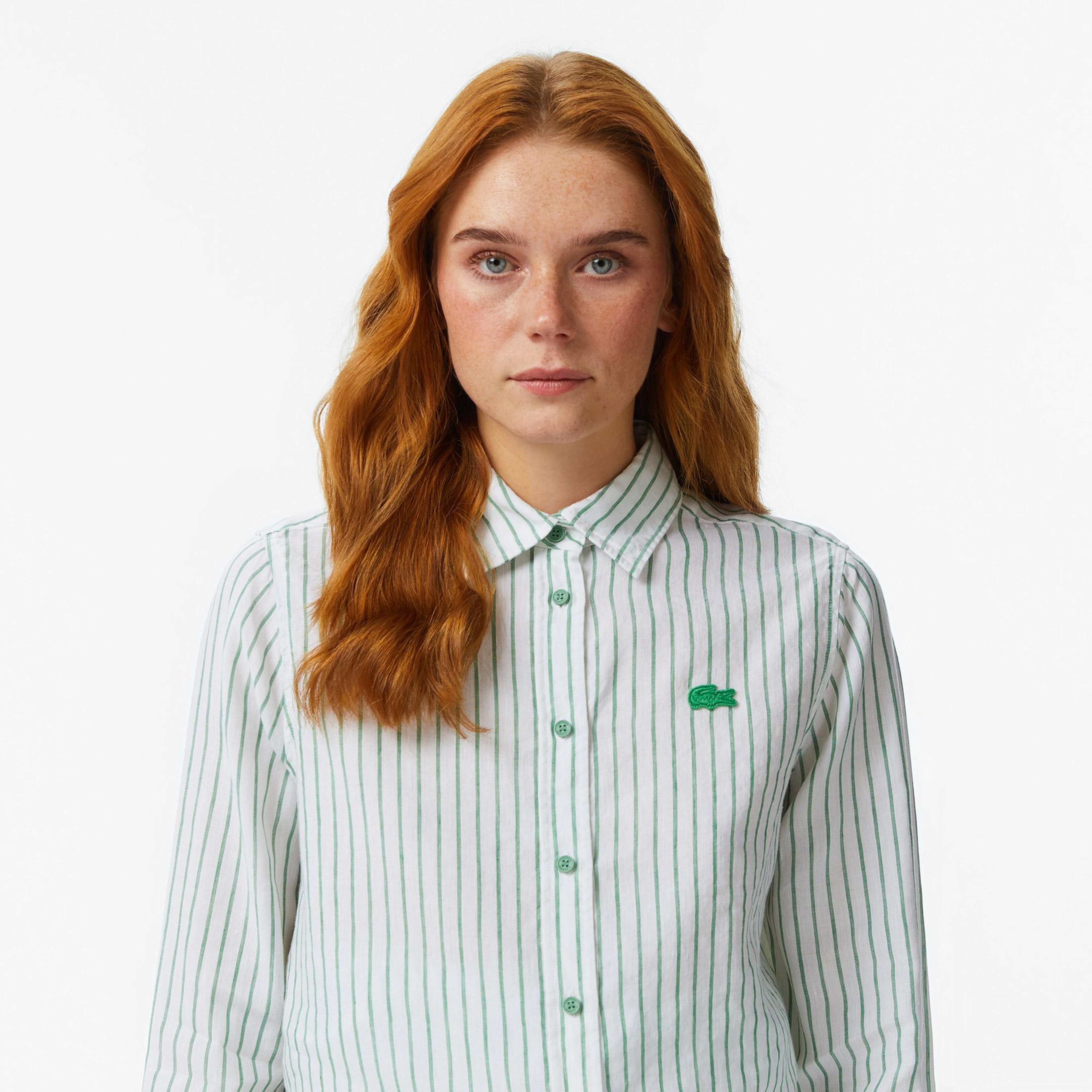 Lacoste Kadın Relaxed Fit Keten Çizgili Yeşil Gömlek