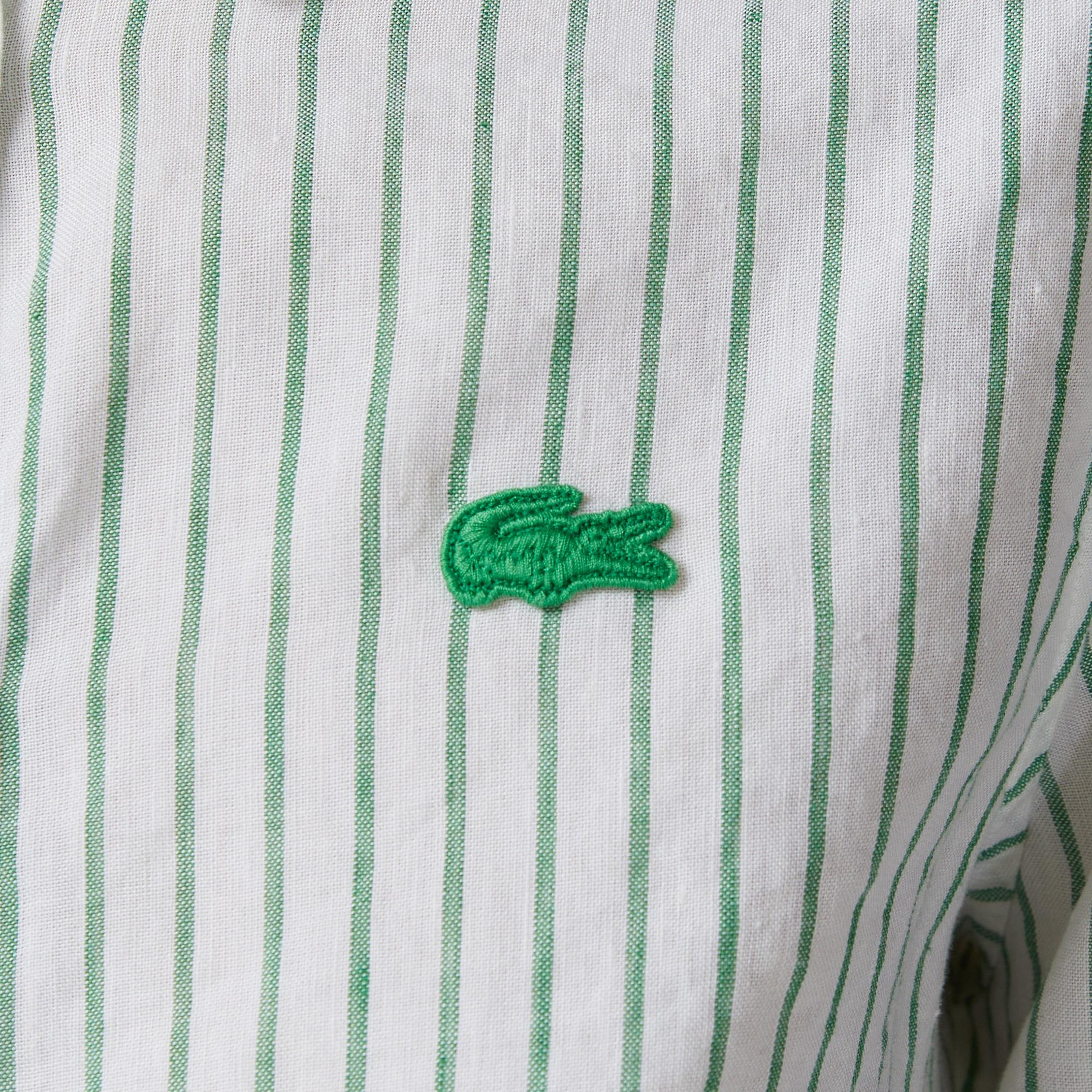Lacoste Kadın Relaxed Fit Keten Çizgili Yeşil Gömlek