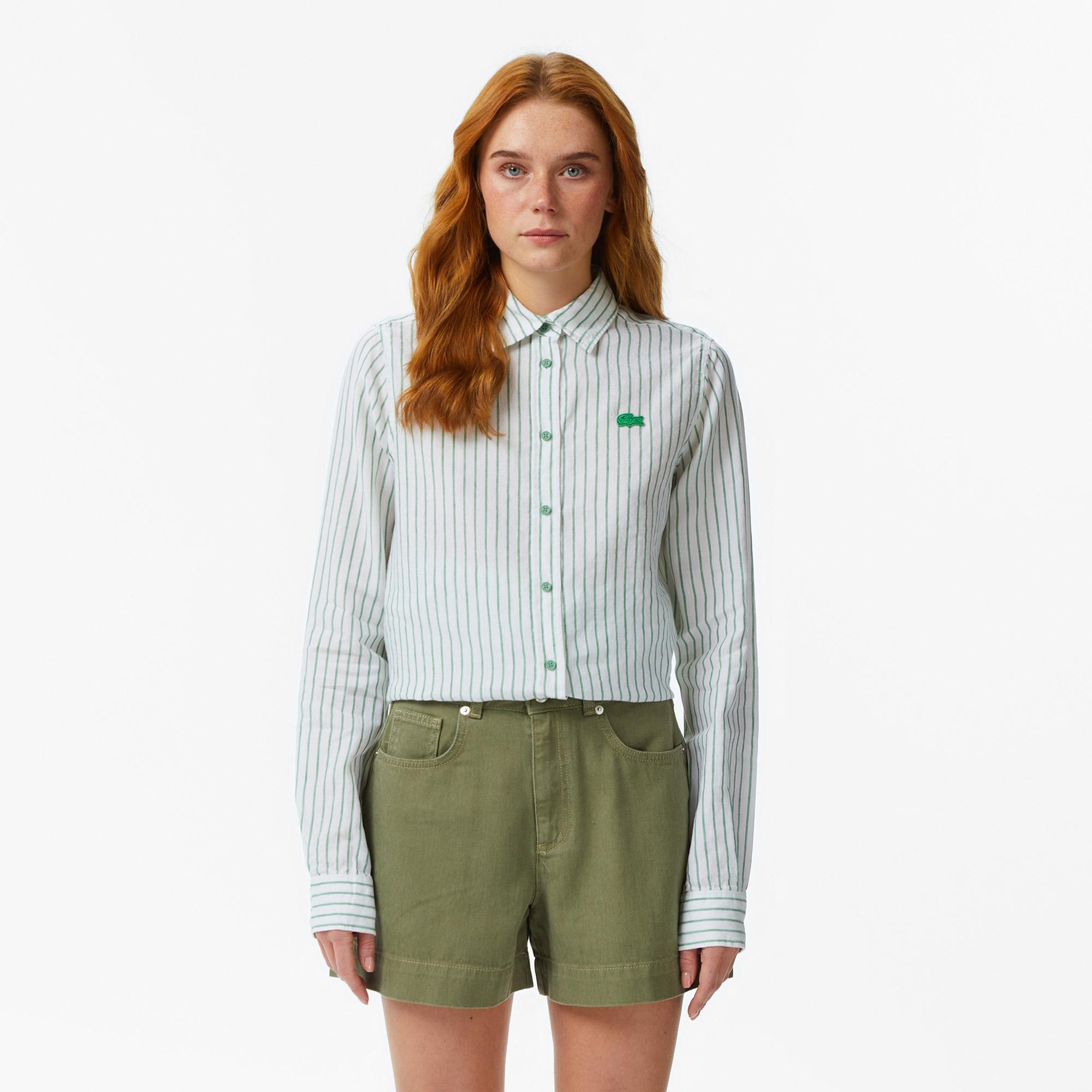 Lacoste Kadın Relaxed Fit Keten Çizgili Yeşil Gömlek