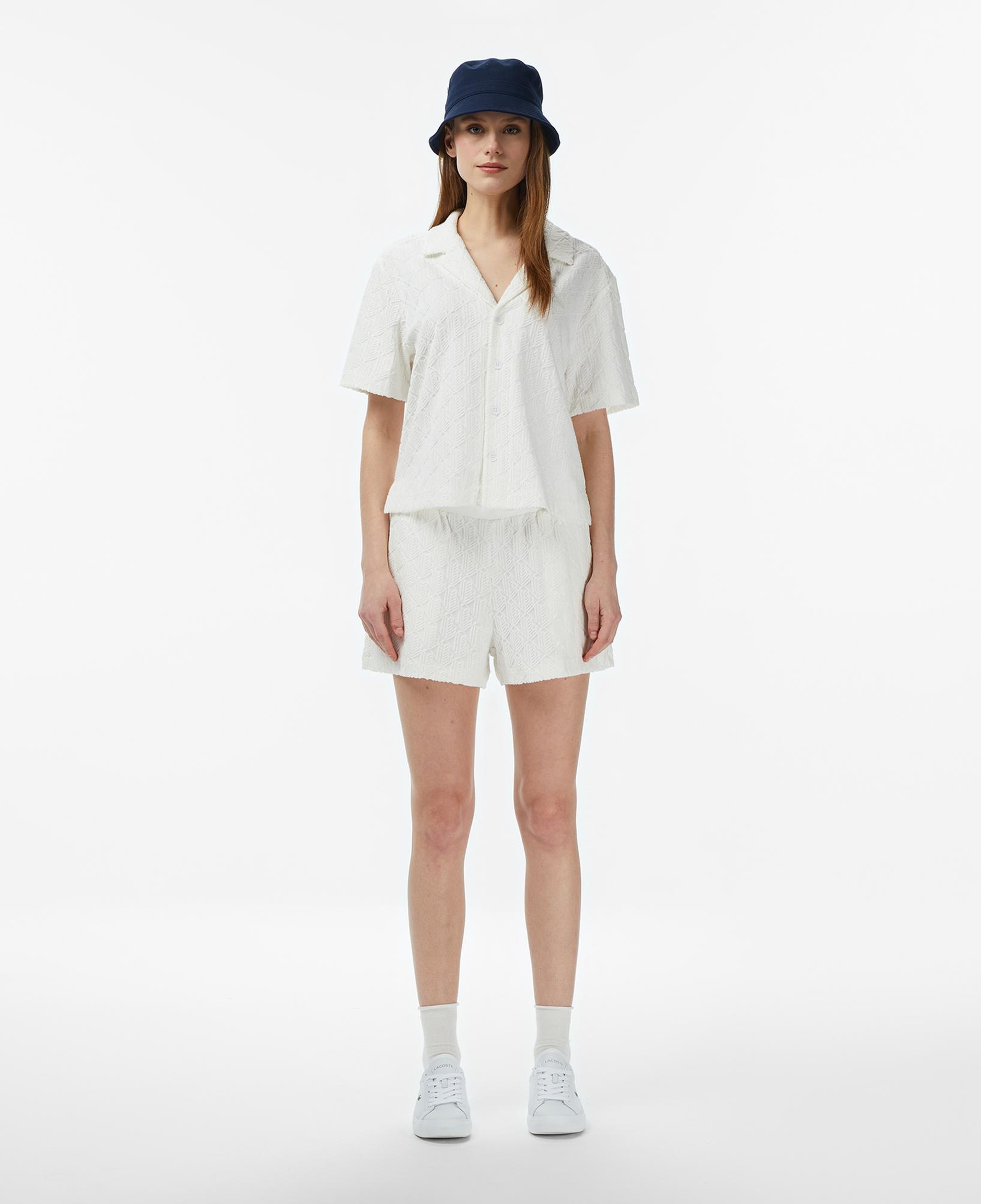 Lacoste Kadın Regular Fit Kısa Kollu Monogram Beyaz Gömlek