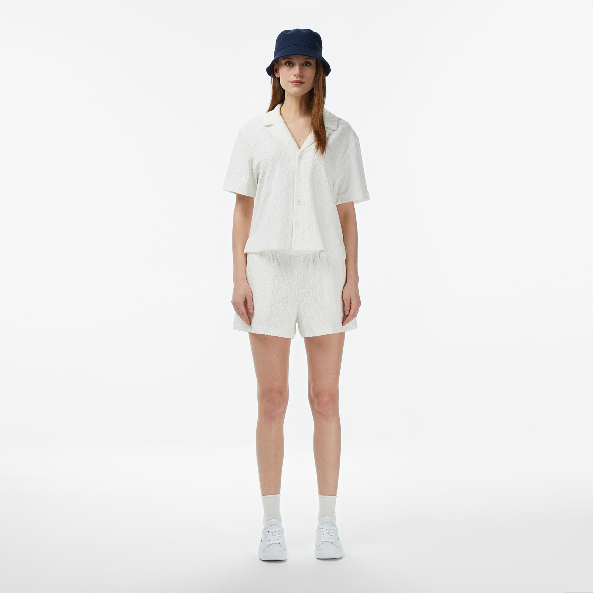 Lacoste Kadın Regular Fit Kısa Kollu Monogram Beyaz Gömlek