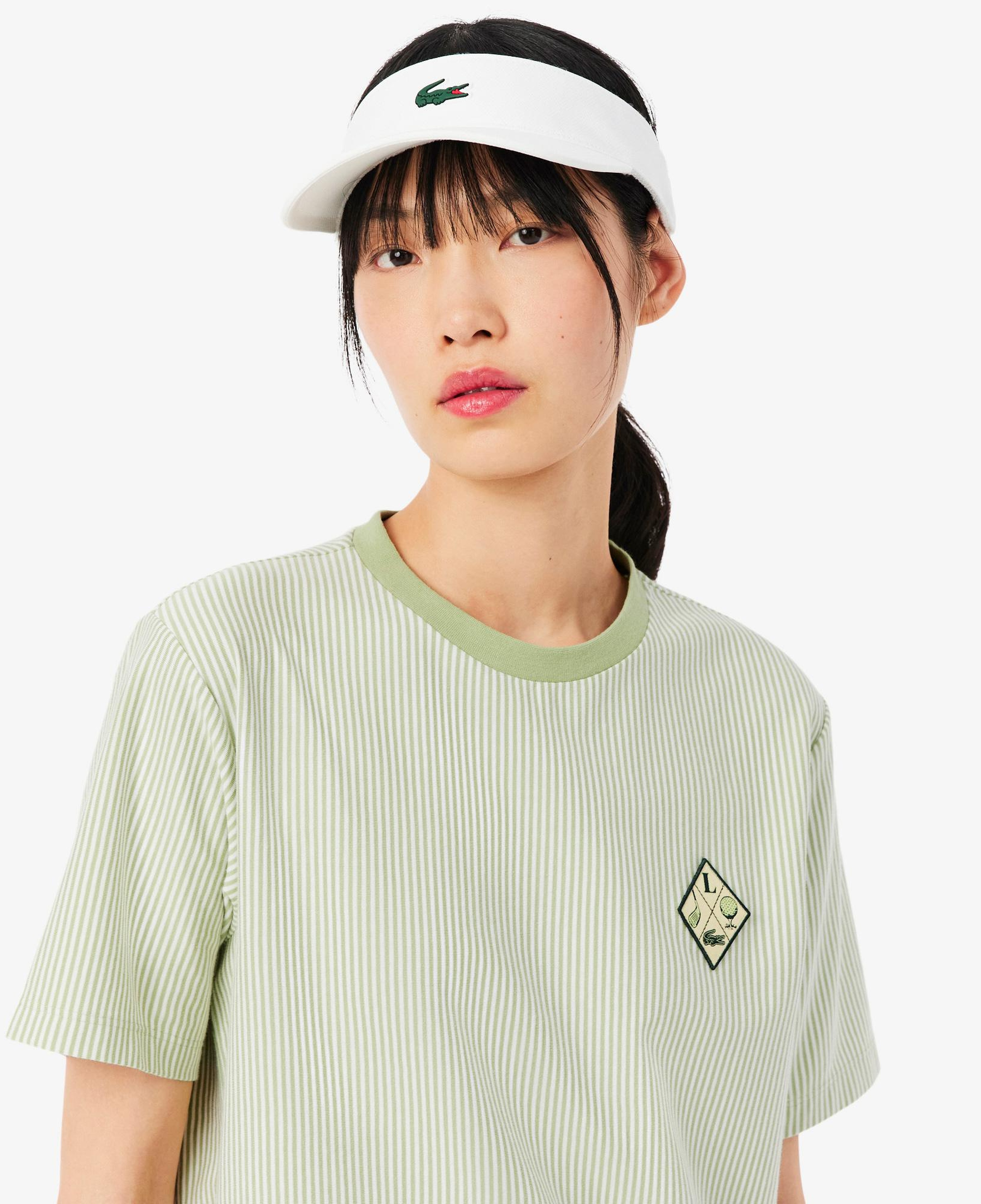 Lacoste Kadın Regular Fit Bisiklet Yaka Çizgili Yeşil T-Shirt