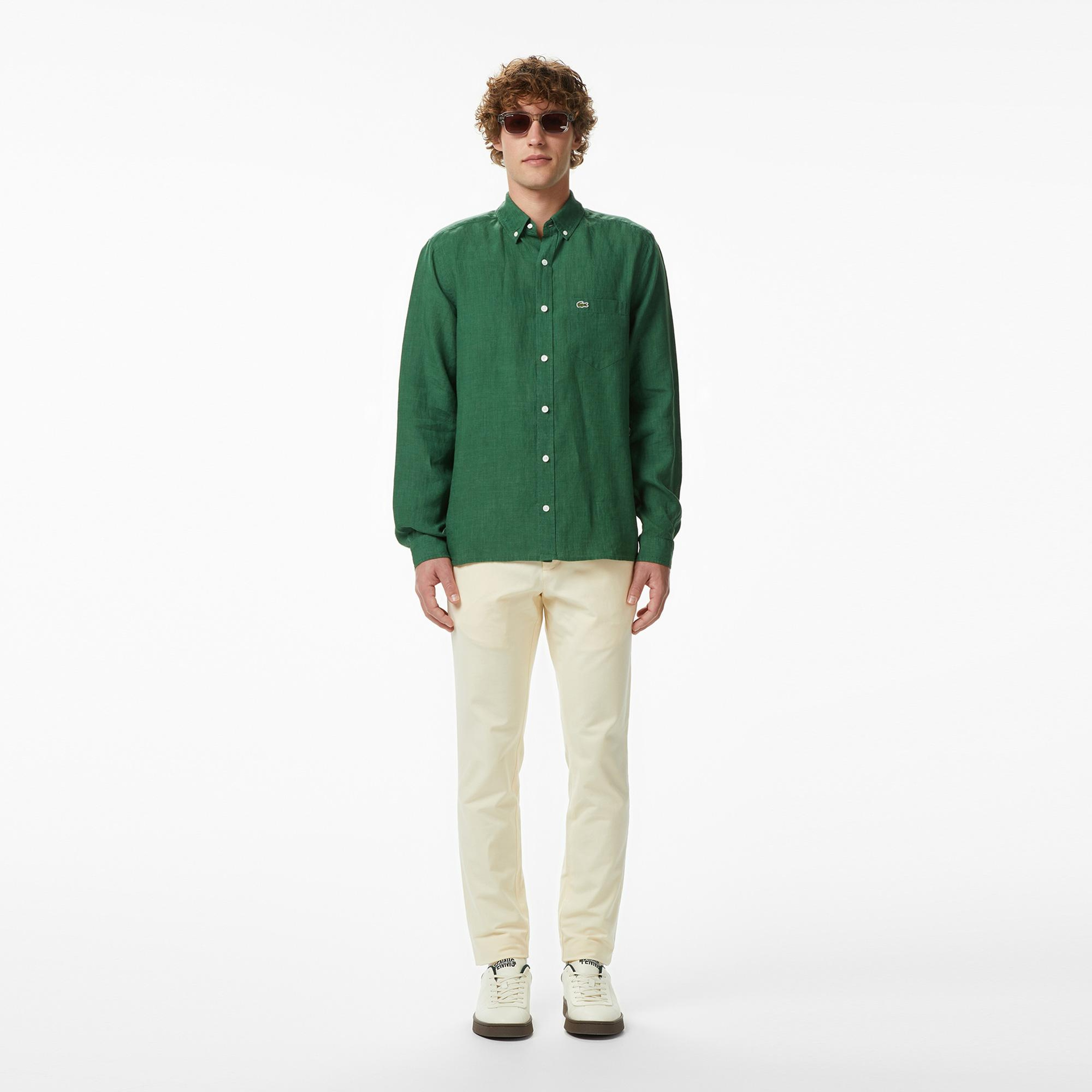 Lacoste Erkek Regular Fit Düğmeli Yaka Keten Koyu Yeşil Gömlek