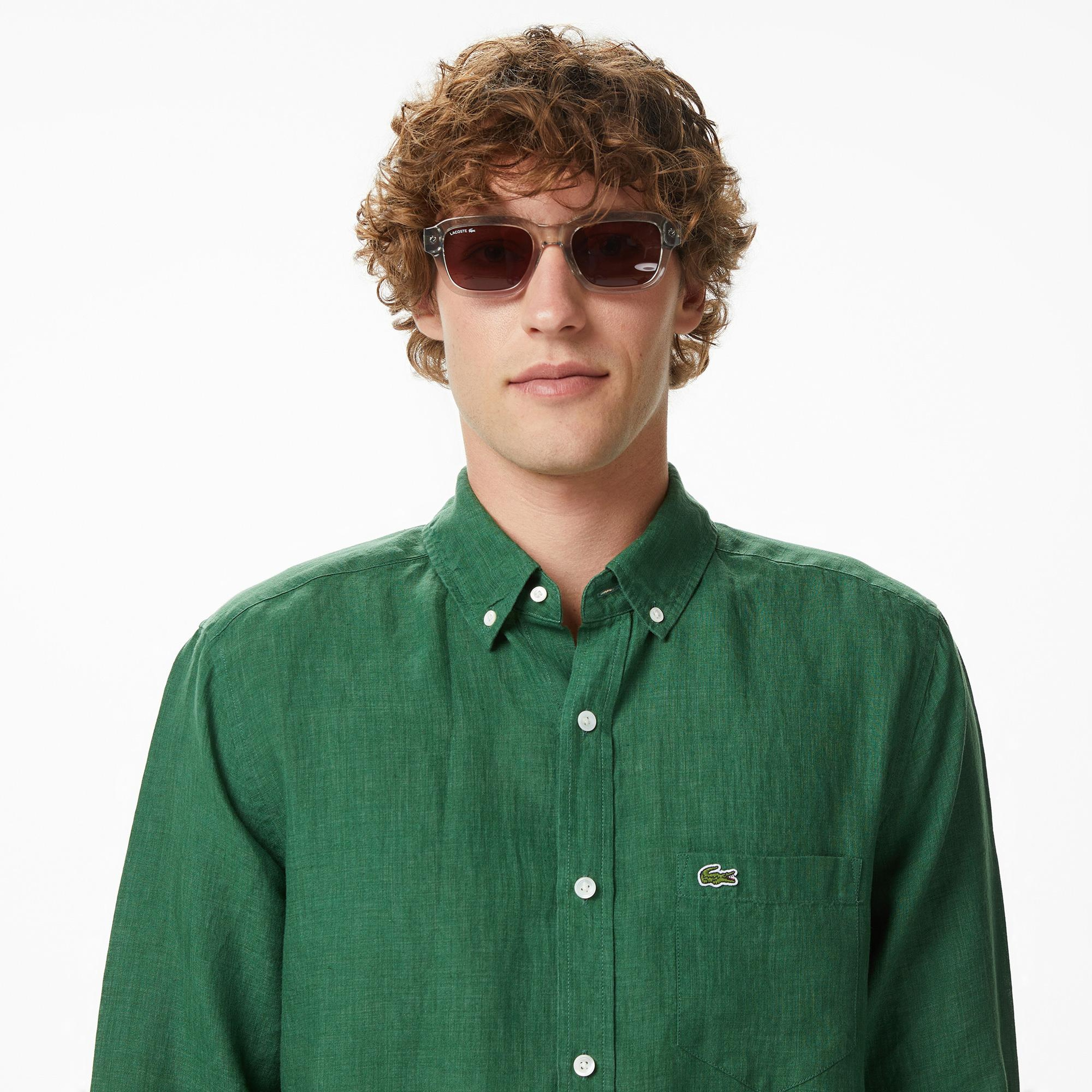 Lacoste Erkek Regular Fit Düğmeli Yaka Keten Koyu Yeşil Gömlek