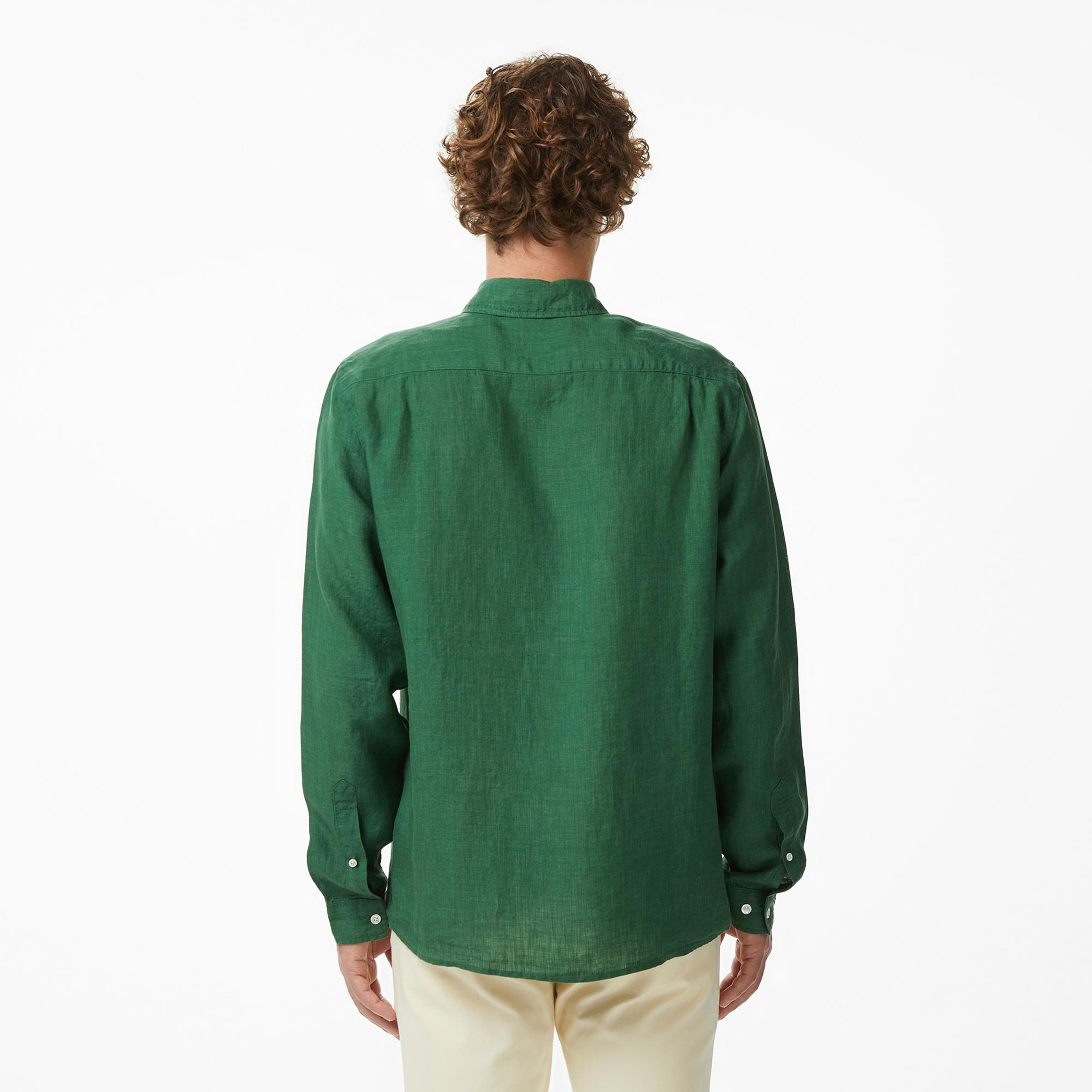 Lacoste Erkek Regular Fit Düğmeli Yaka Keten Koyu Yeşil Gömlek