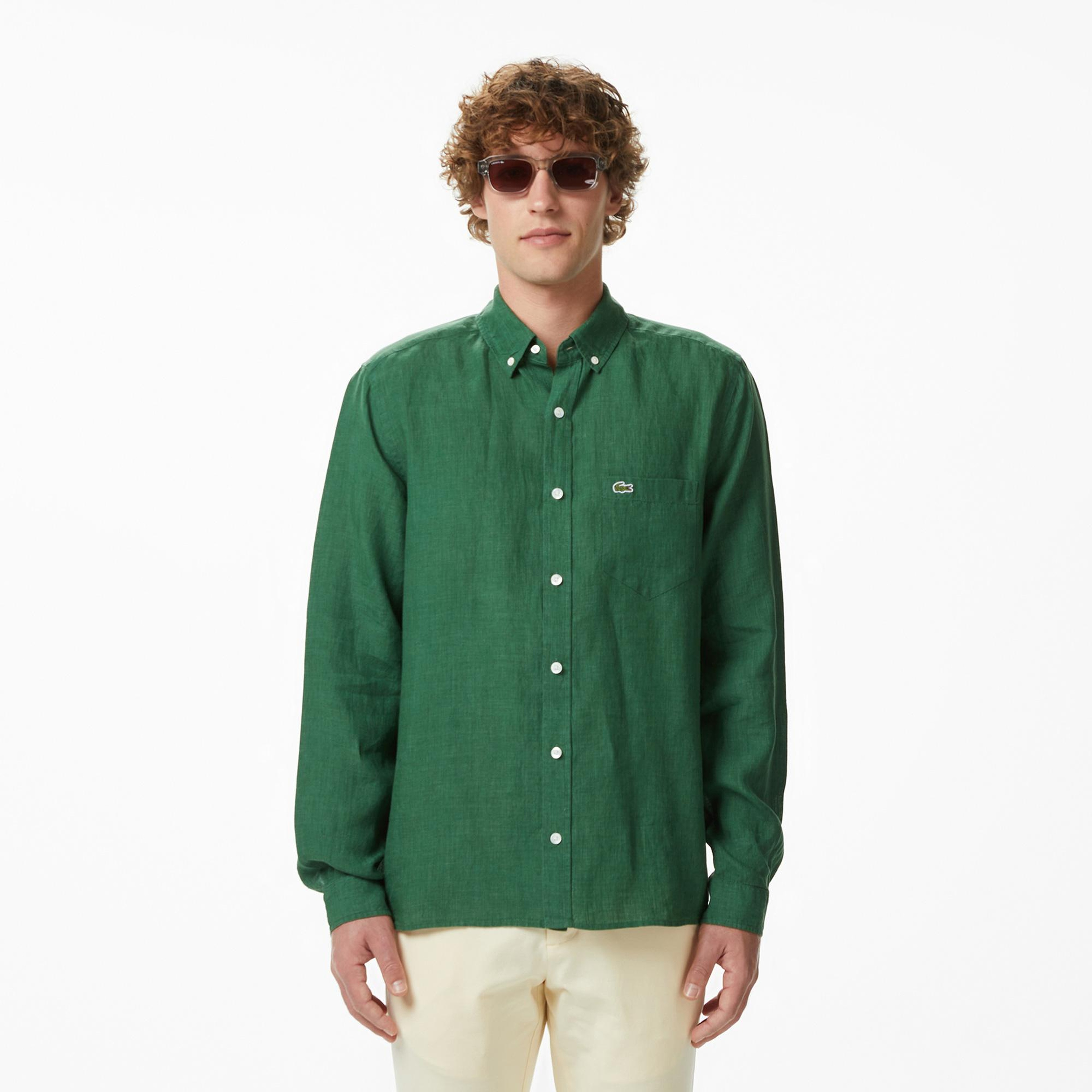 Lacoste Erkek Regular Fit Düğmeli Yaka Keten Koyu Yeşil Gömlek
