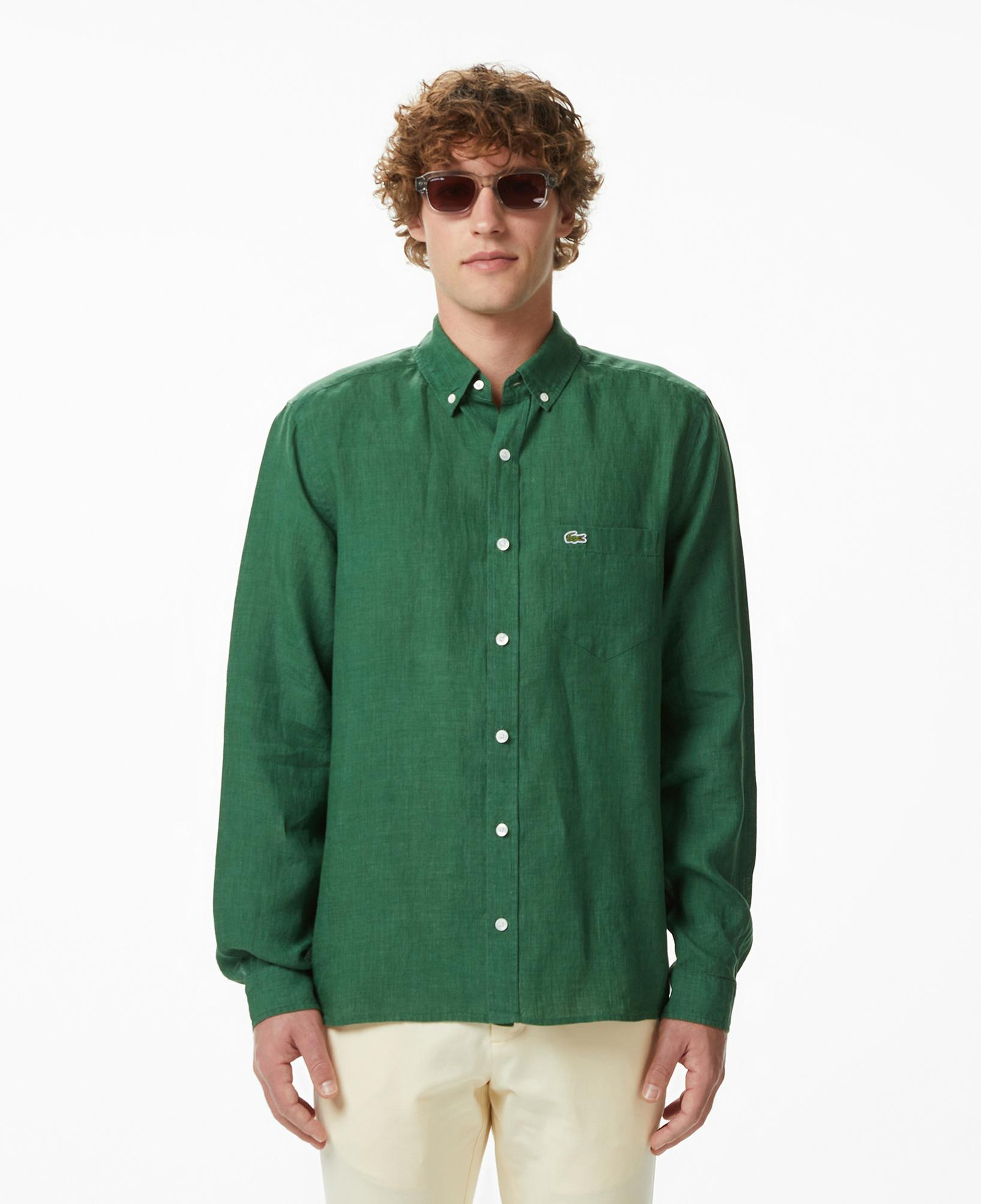 Lacoste Erkek Regular Fit Düğmeli Yaka Keten Koyu Yeşil Gömlek