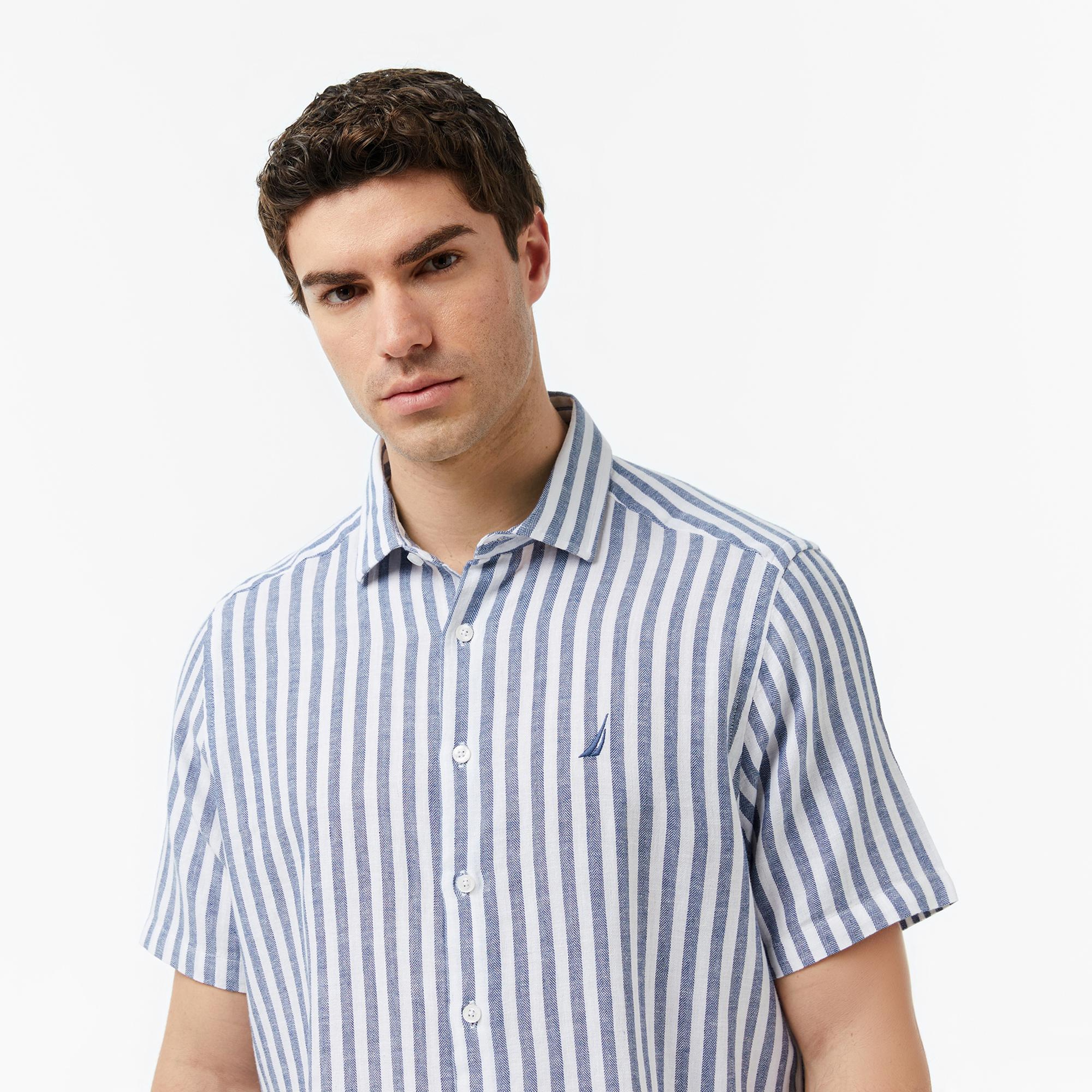Nautica Erkek Lacivert Regular Fit Kısa Kollu Çizgili Gömlek