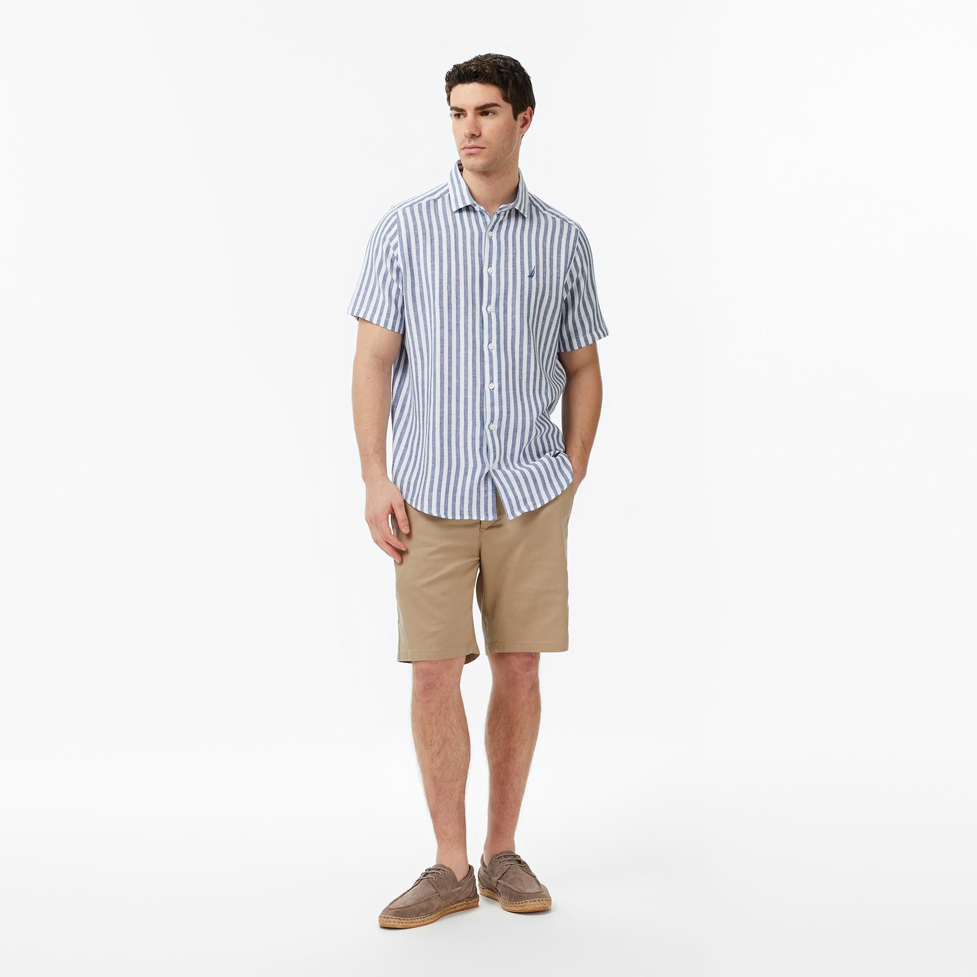 Nautica Erkek Lacivert Regular Fit Kısa Kollu Çizgili Gömlek