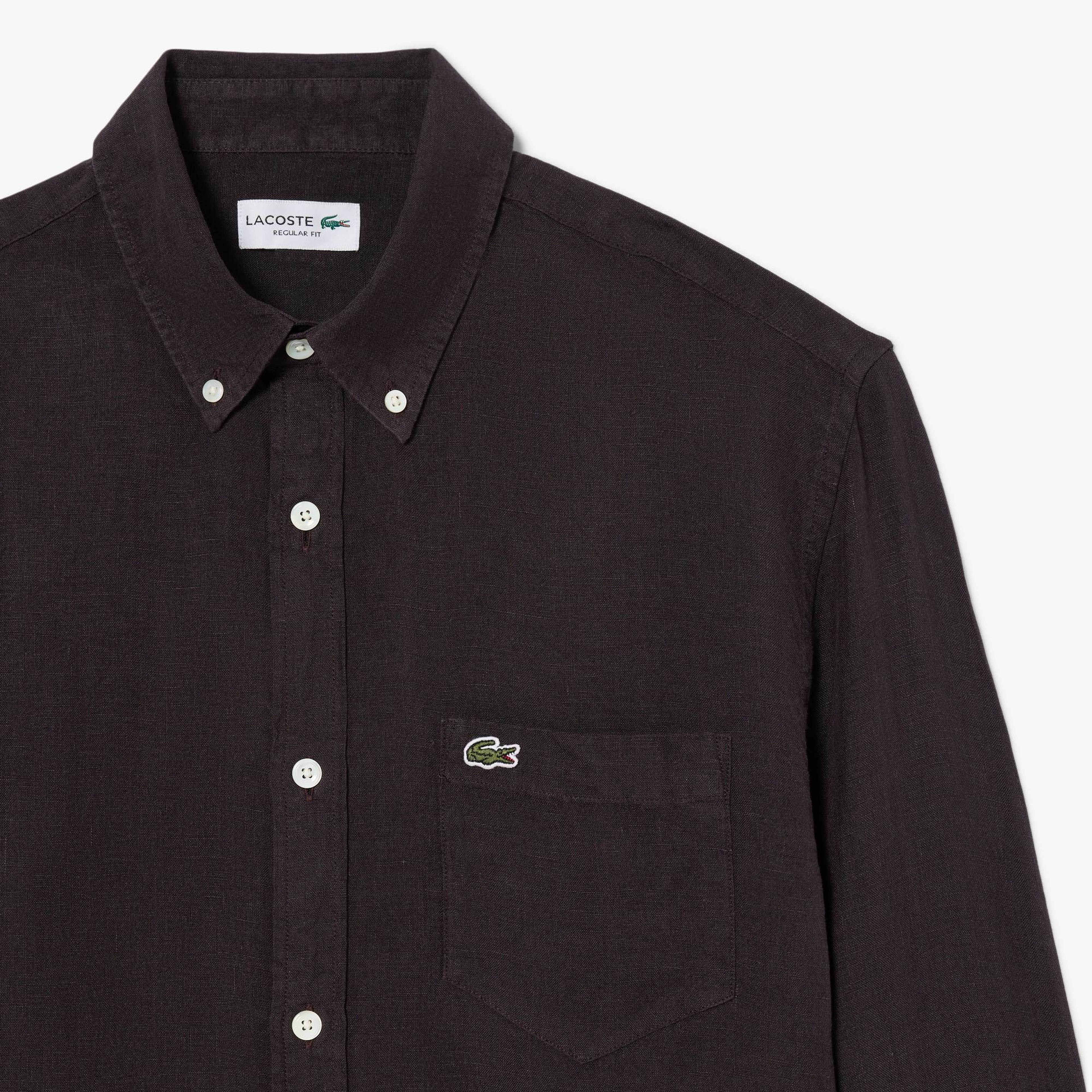 Lacoste Erkek Regular Fit Düğmeli Yaka Keten Koyu Kahverengi Gömlek