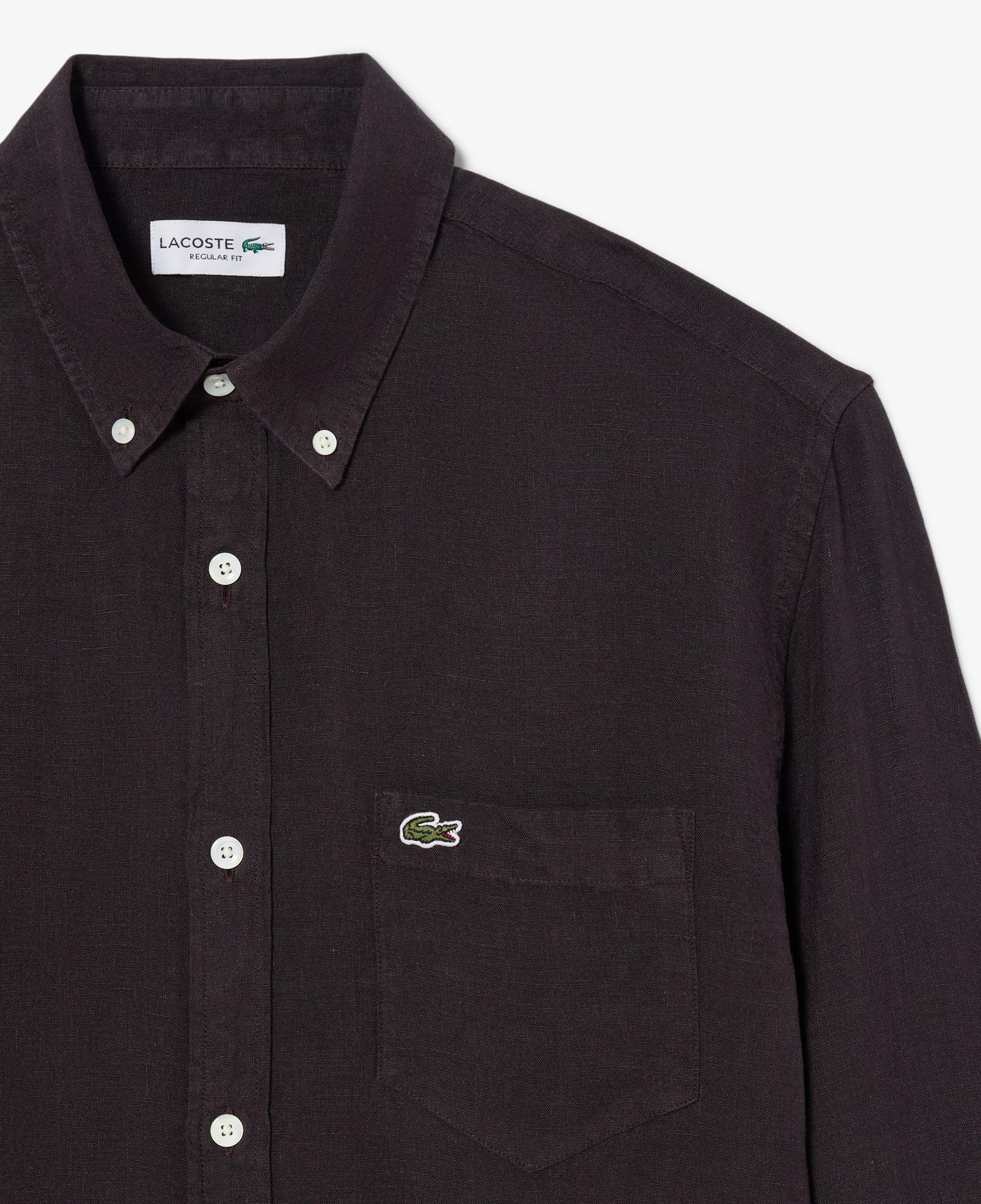 Lacoste Erkek Regular Fit Düğmeli Yaka Keten Koyu Kahverengi Gömlek