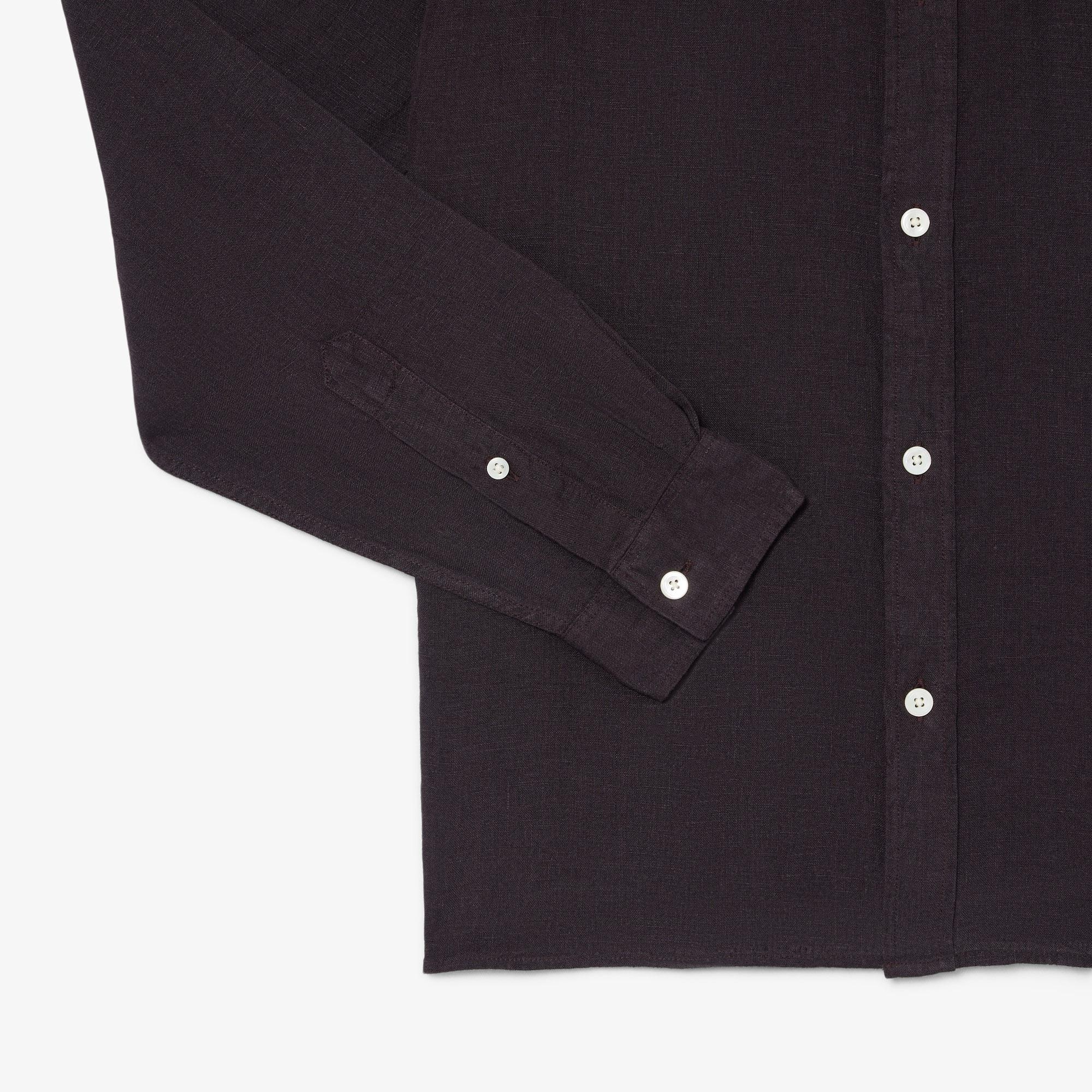 Lacoste Erkek Regular Fit Düğmeli Yaka Keten Koyu Kahverengi Gömlek