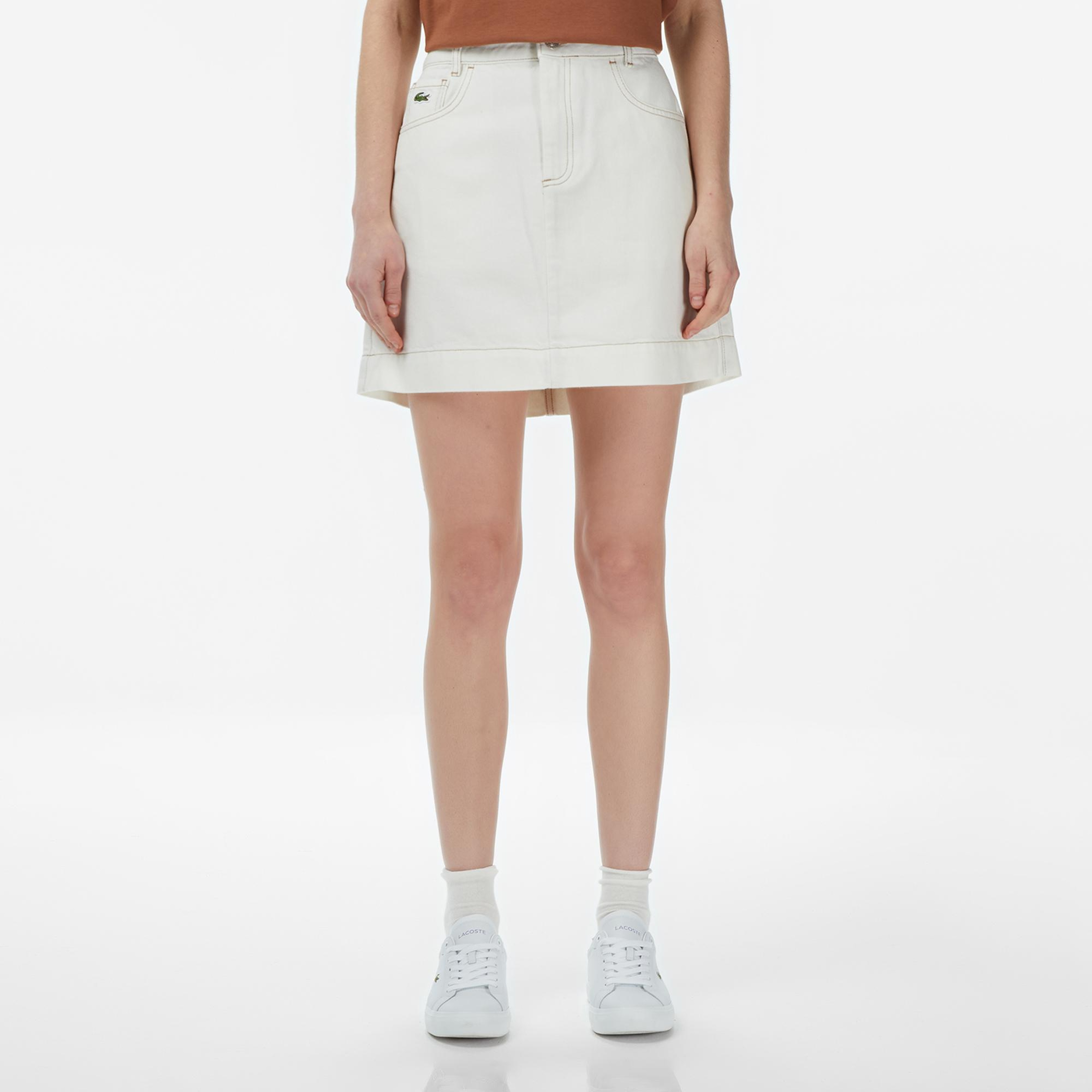 Lacoste Kadın Classic Fit Denim Krem Etek